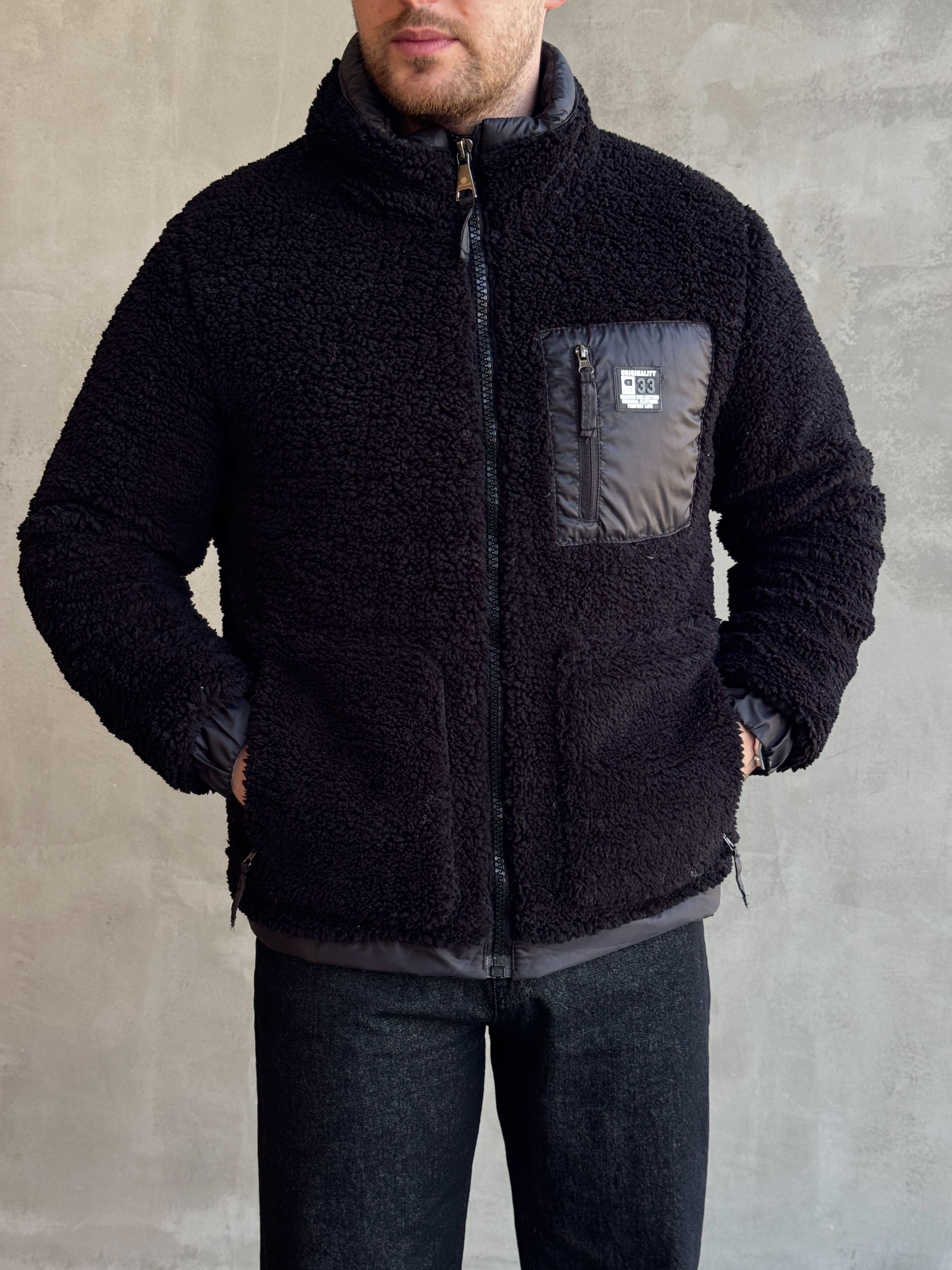 Erkek Popüler Model Regular Kalıp Peluş Kürklü Dik Yaka Cepli Mont-Siyah(E1876)