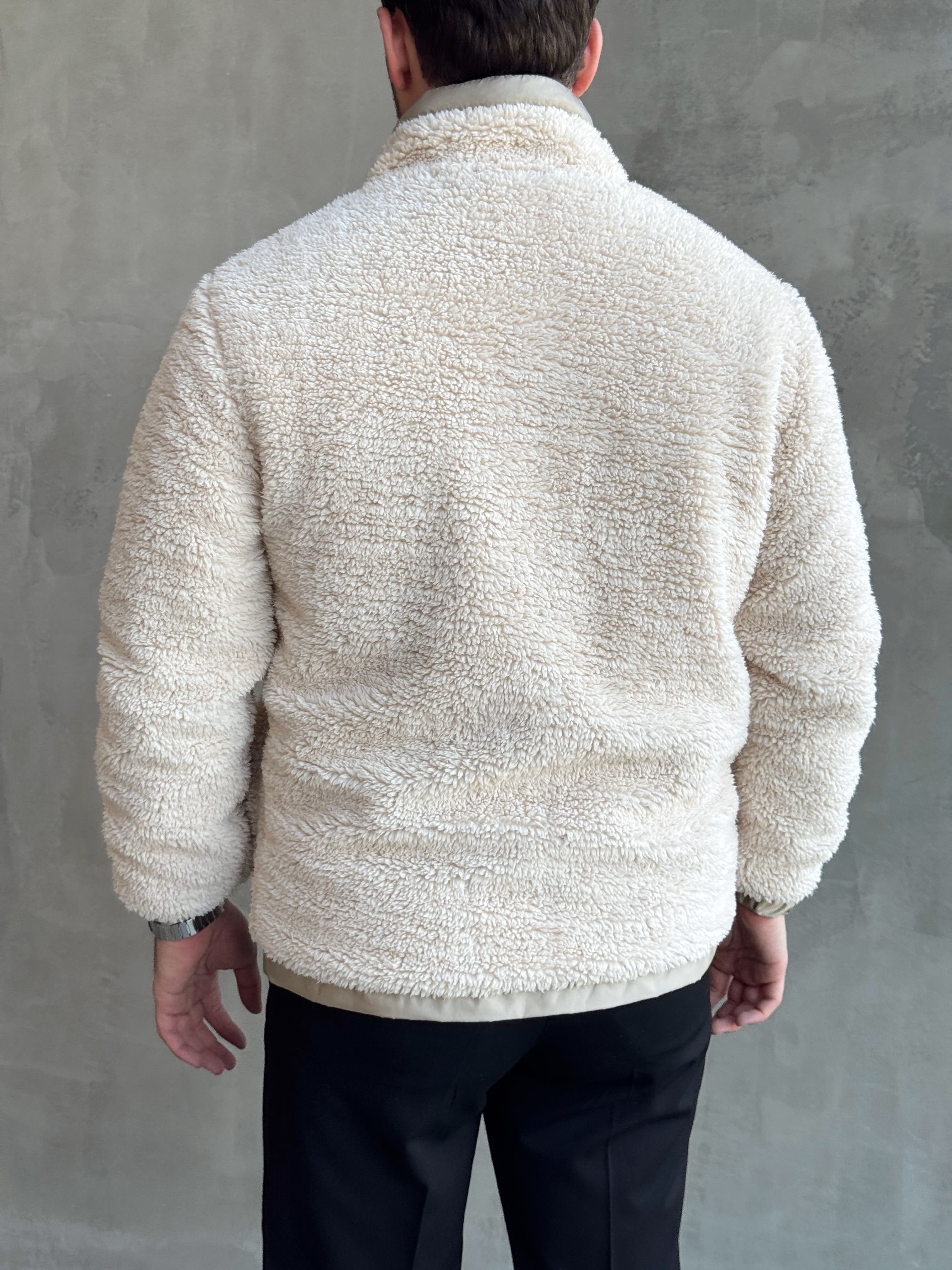 Erkek Popüler Model Regular Kalıp Peluş Kürklü Dik Yaka Cepli Mont-Krem(E1876)