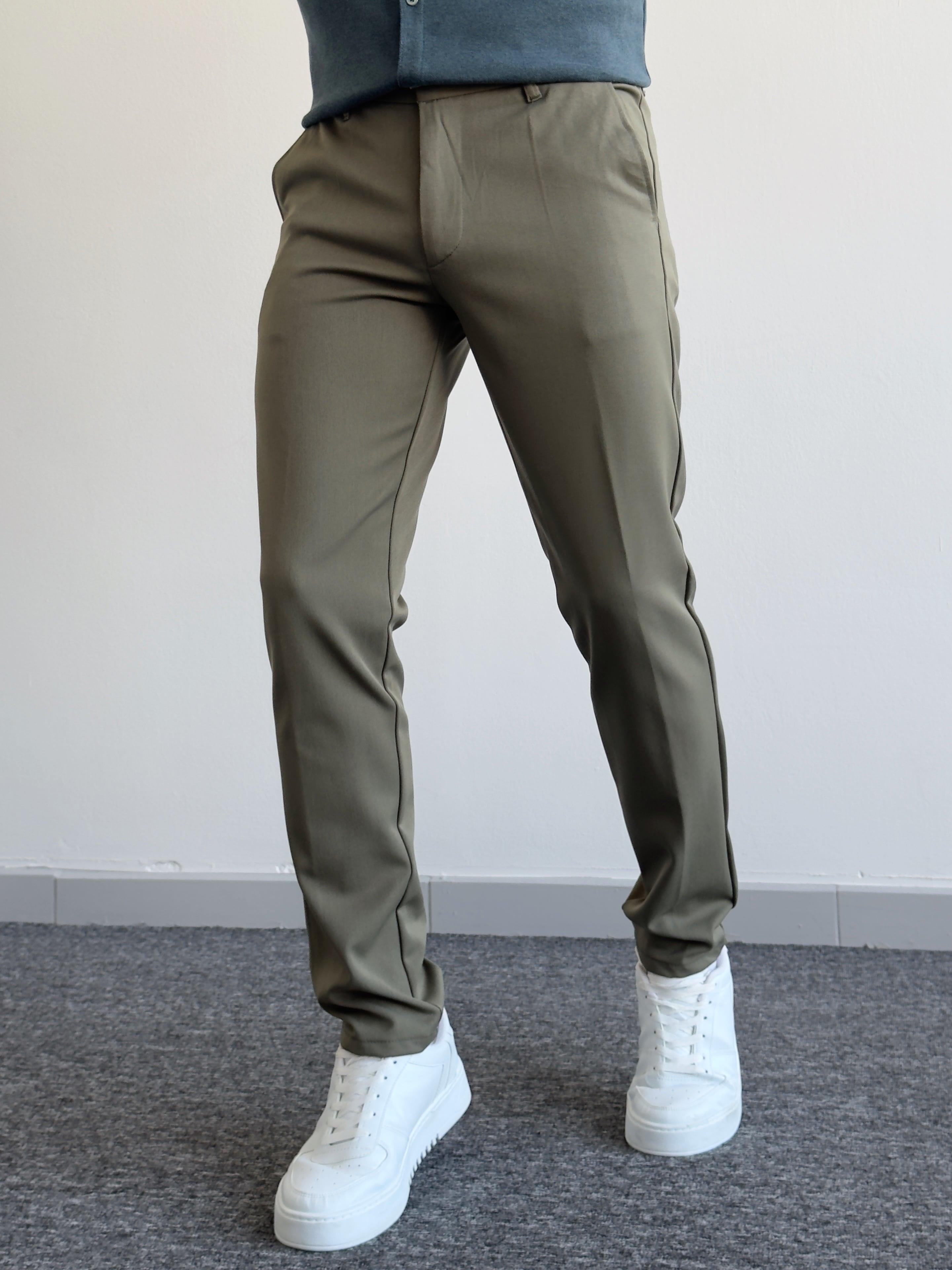 Erkek Premium İtalyan Kesim Gizli Düğme Detay Gabardin Kumaş Pantolon-Haki(E1144)