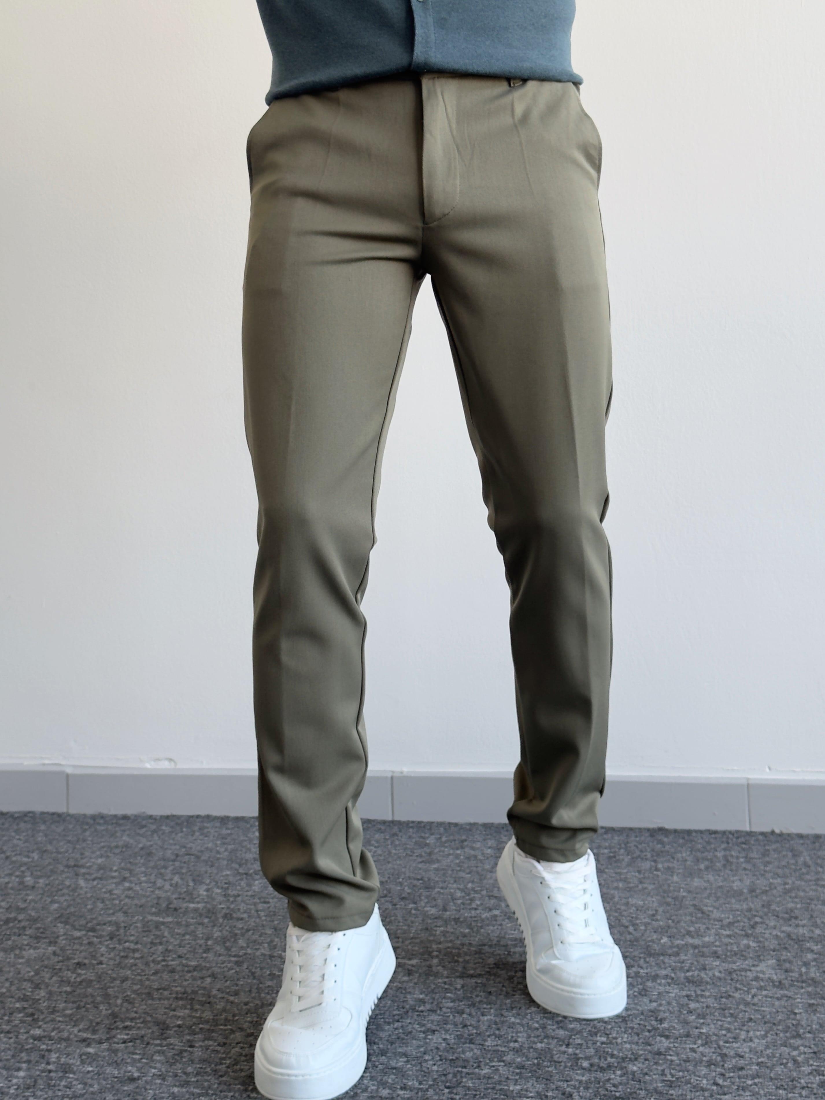 Erkek Premium İtalyan Kesim Gizli Düğme Detay Gabardin Kumaş Pantolon-Haki(E1144)