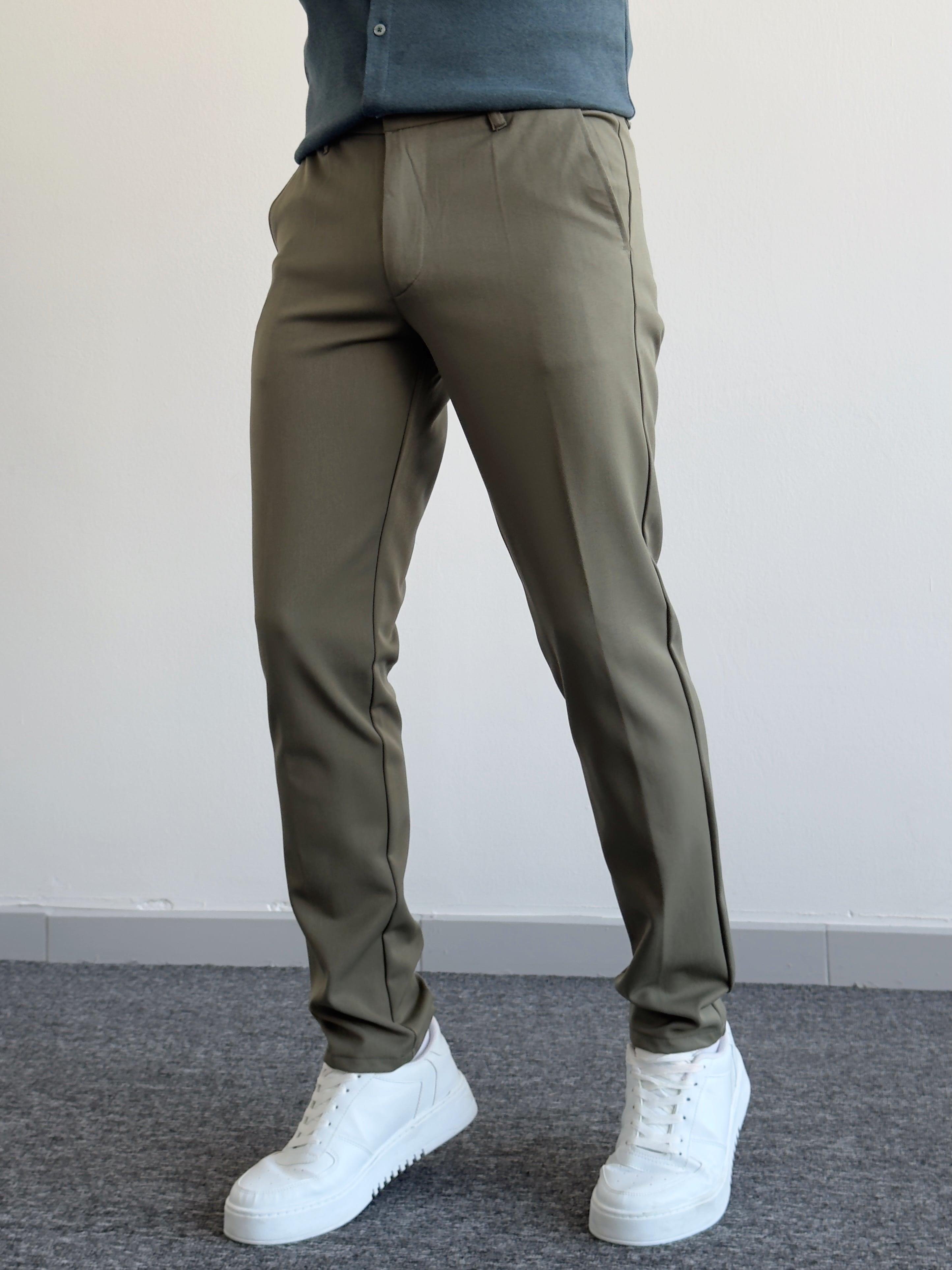 Erkek Premium İtalyan Kesim Gizli Düğme Detay Gabardin Kumaş Pantolon-Haki(E1144)