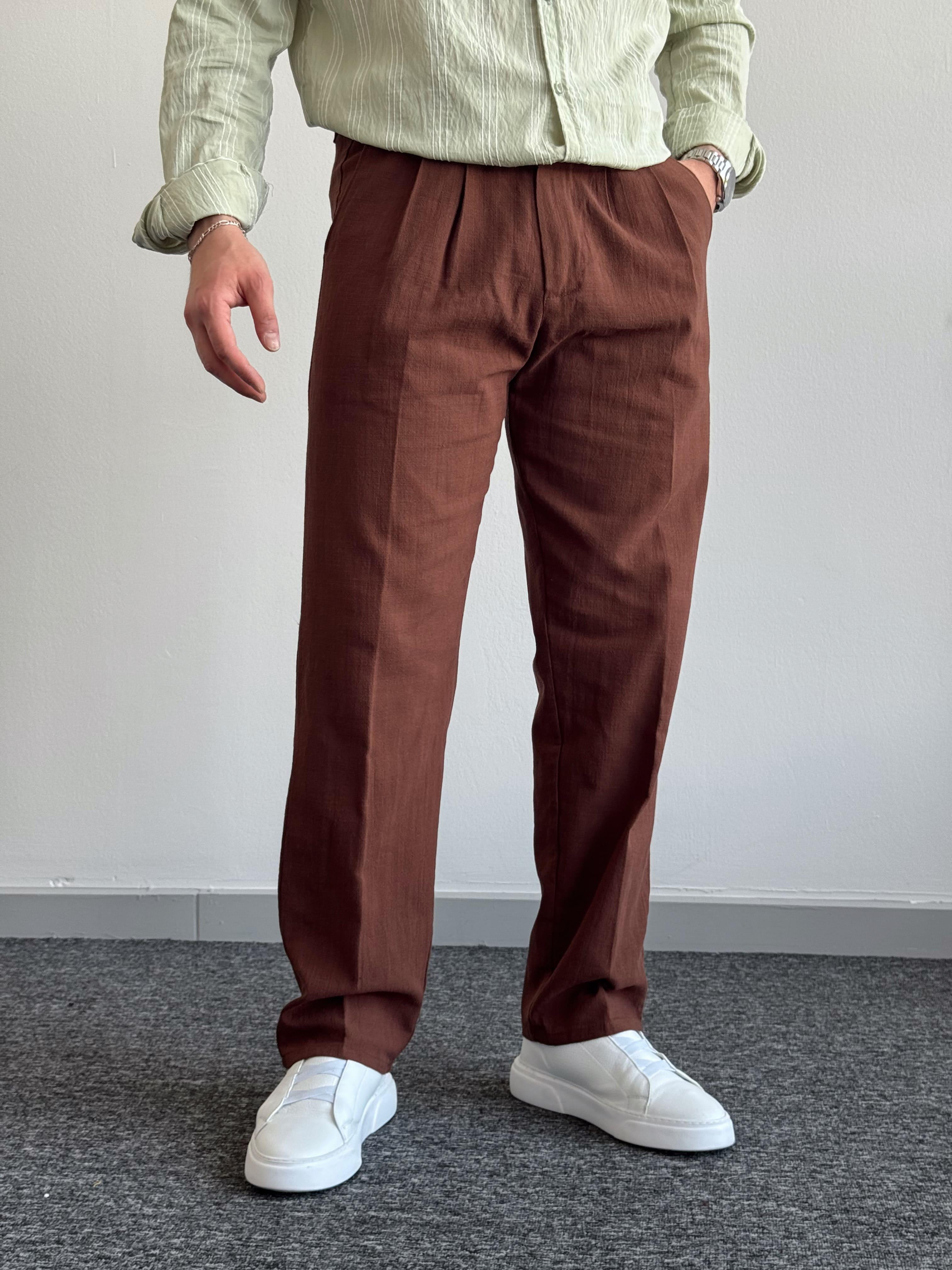 Erkek Premium Kalite Beli Lastikli Baggy Kalıp Keten Pantolon-Kahverengi(E1412)