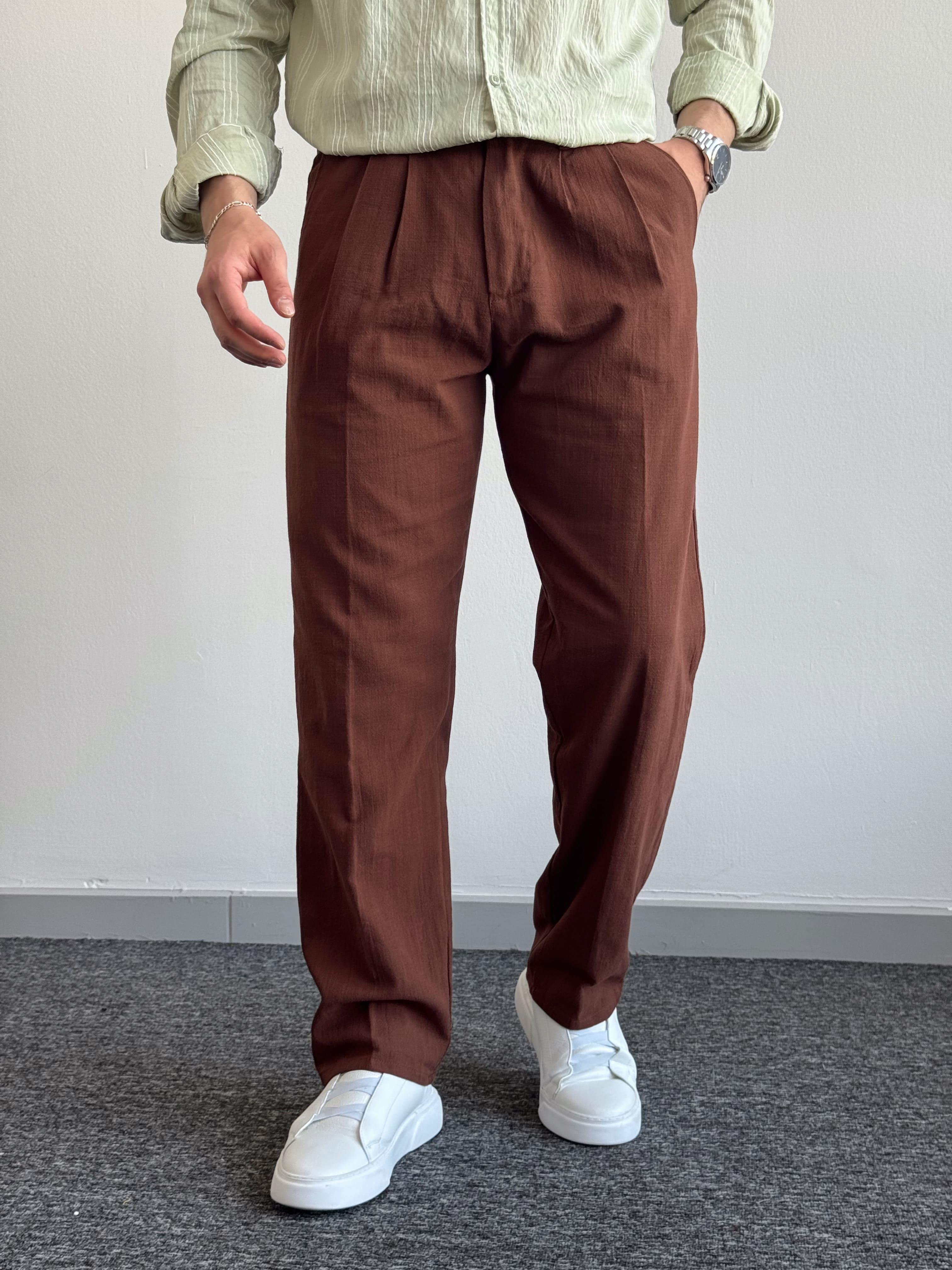 Erkek Premium Kalite Beli Lastikli Baggy Kalıp Keten Pantolon-Kahverengi(E1412)