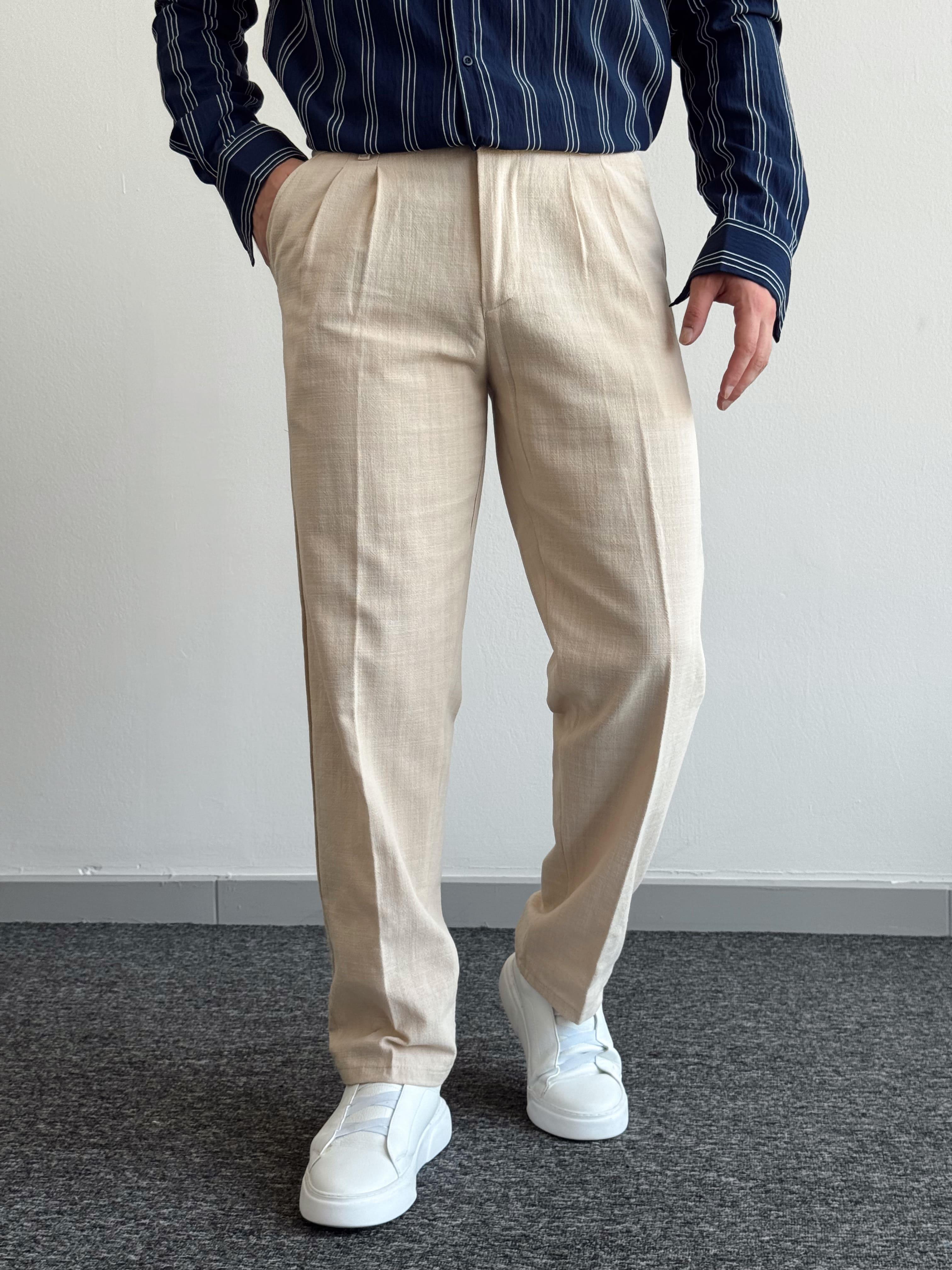 Erkek Premium Kalite Beli Lastikli Baggy Kalıp Keten Pantolon-Krem(E1412)Ketench