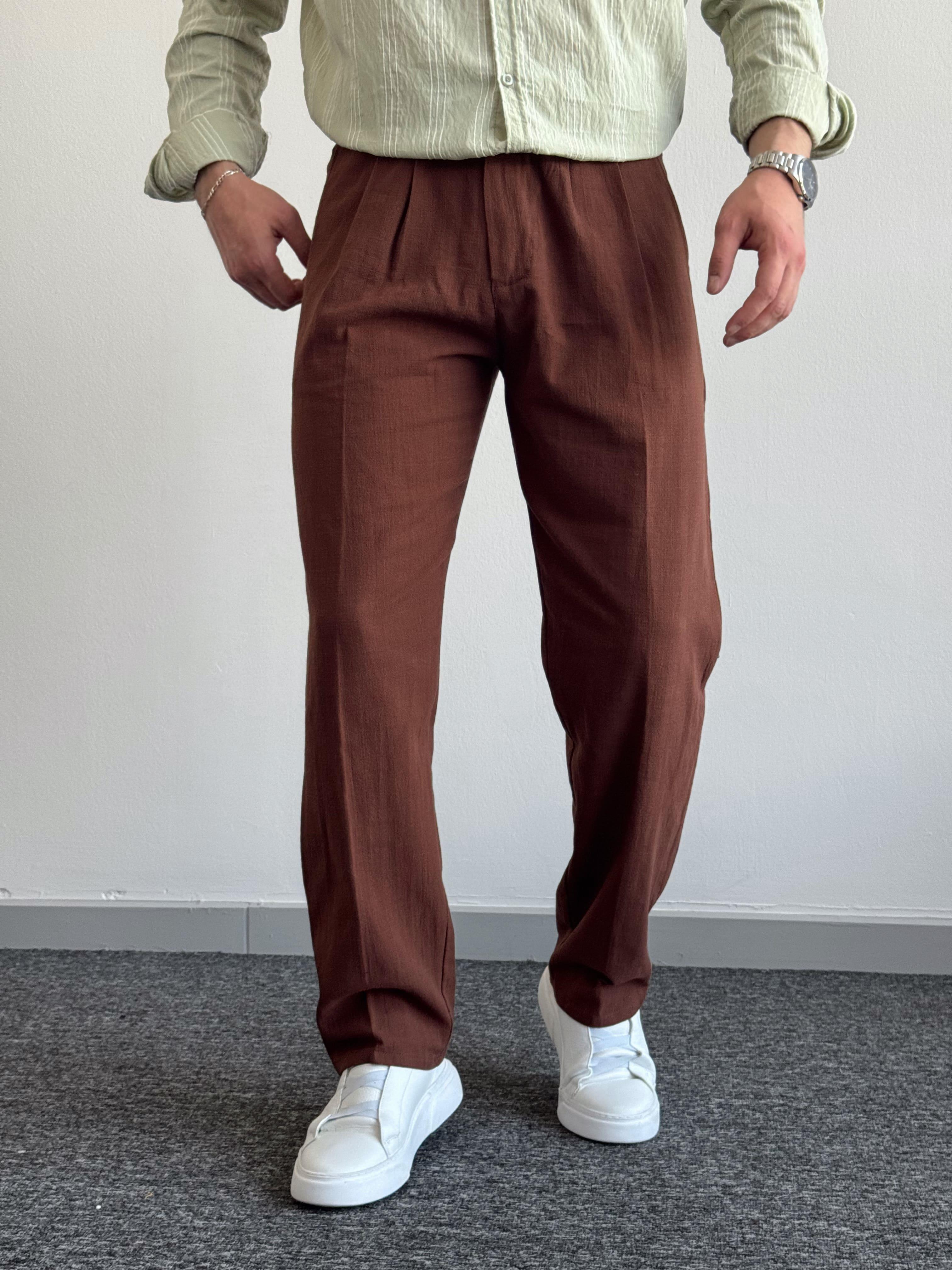 Erkek Premium Kalite Beli Lastikli Baggy Kalıp Keten Pantolon-Kahverengi(E1412)Ketench