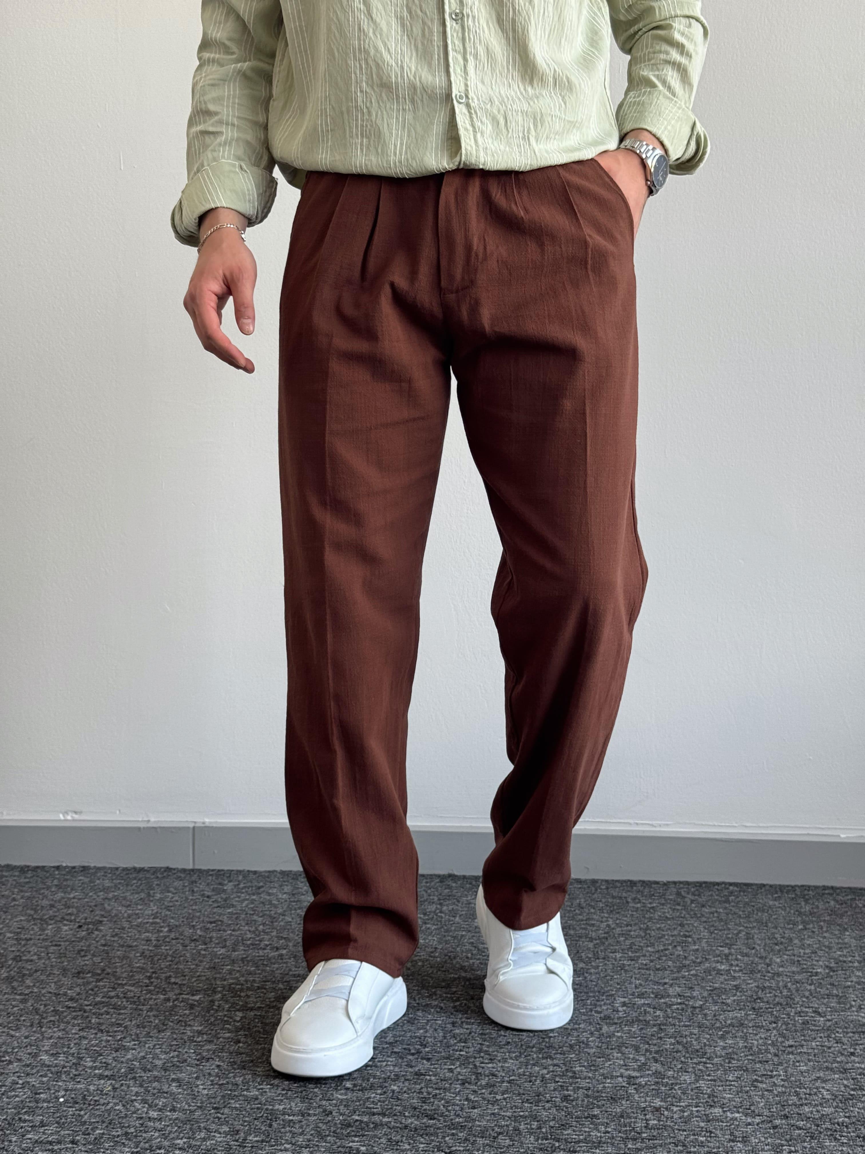 Erkek Premium Kalite Beli Lastikli Baggy Kalıp Keten Pantolon-Kahverengi(E1412)