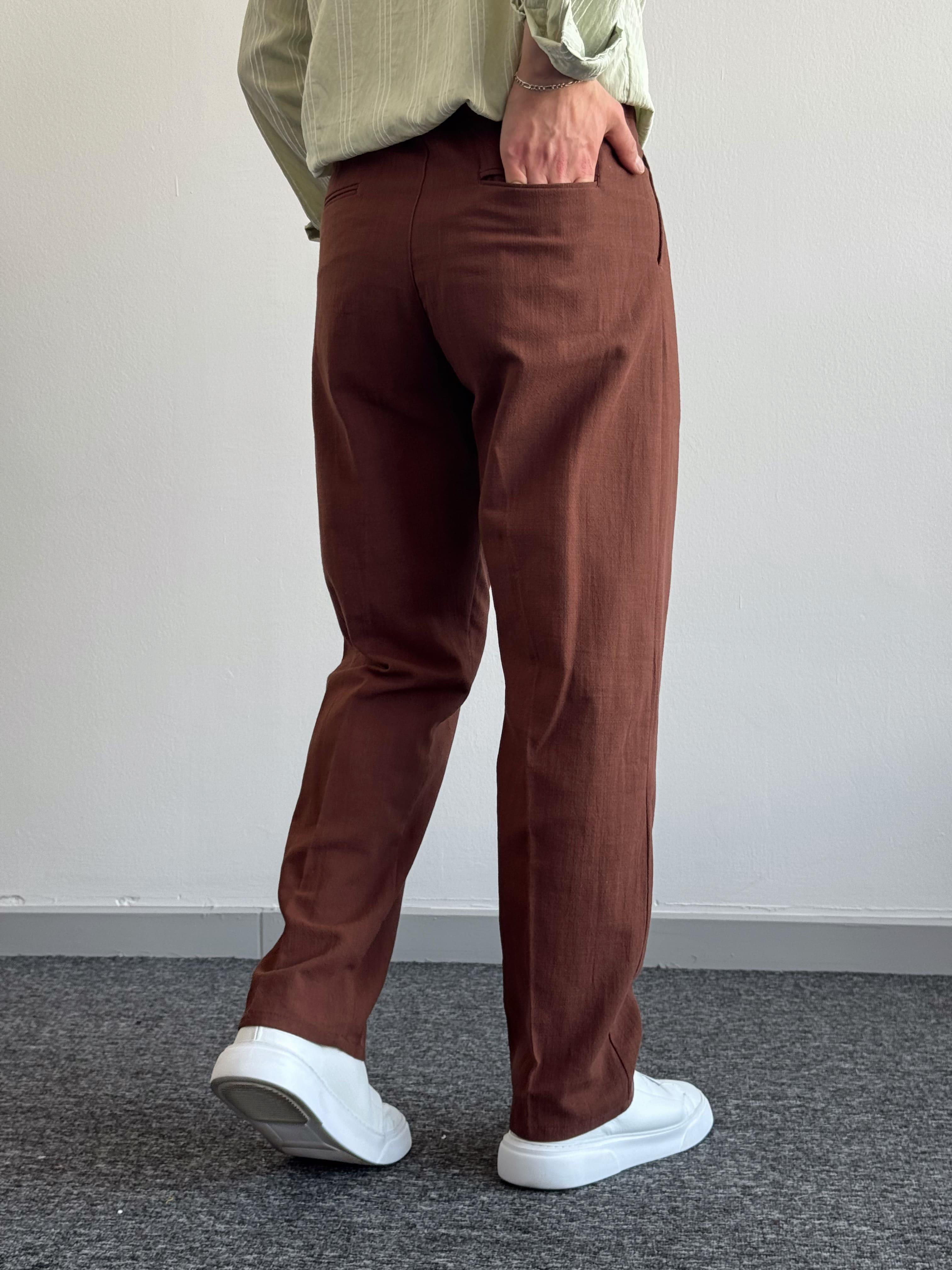 Erkek Premium Kalite Beli Lastikli Baggy Kalıp Keten Pantolon-Kahverengi(E1412)