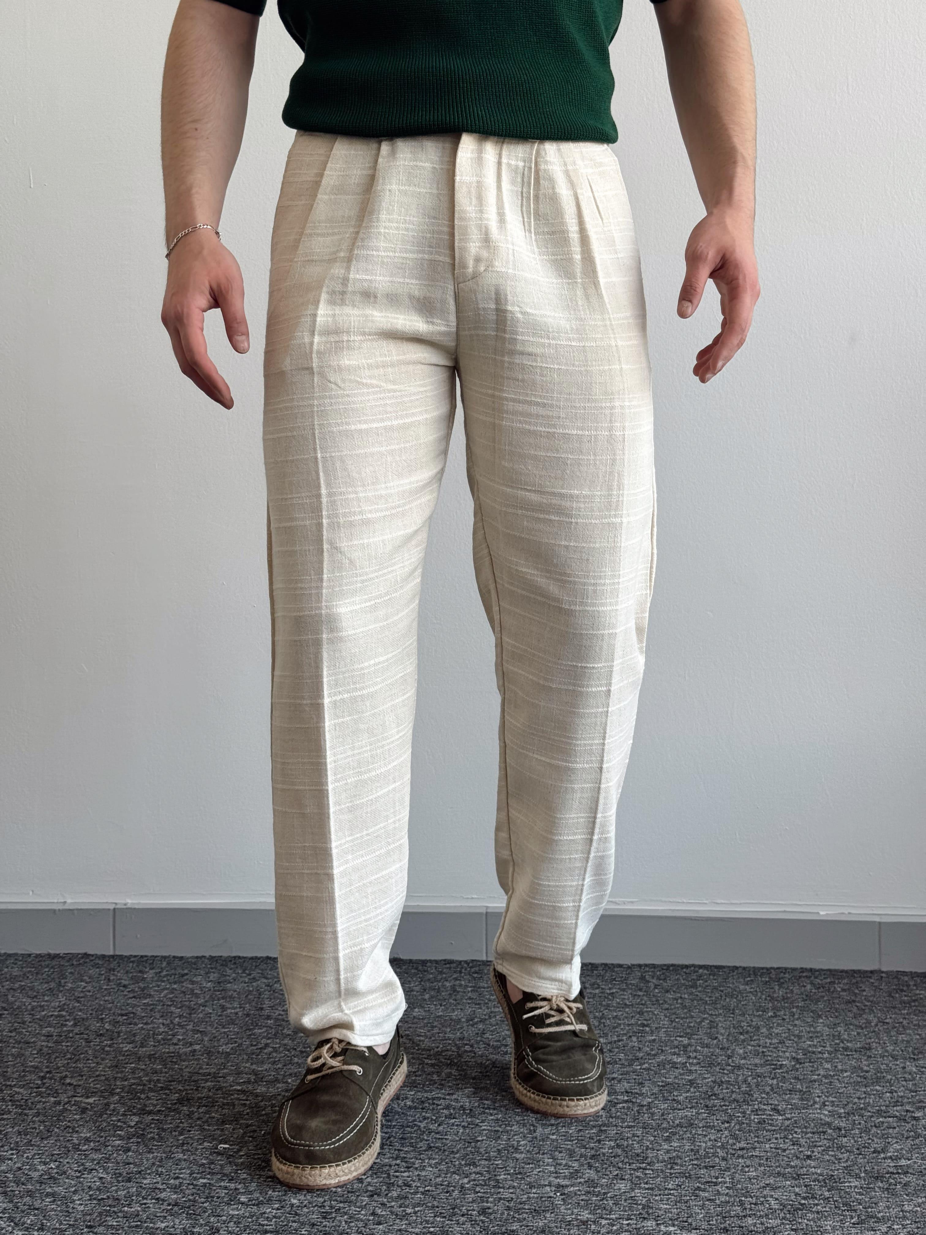 Erkek Premium Kalite Beli Lastikli Çizgi Detay Baggy Kalıp Keten Pantolon-Bej(E1413)