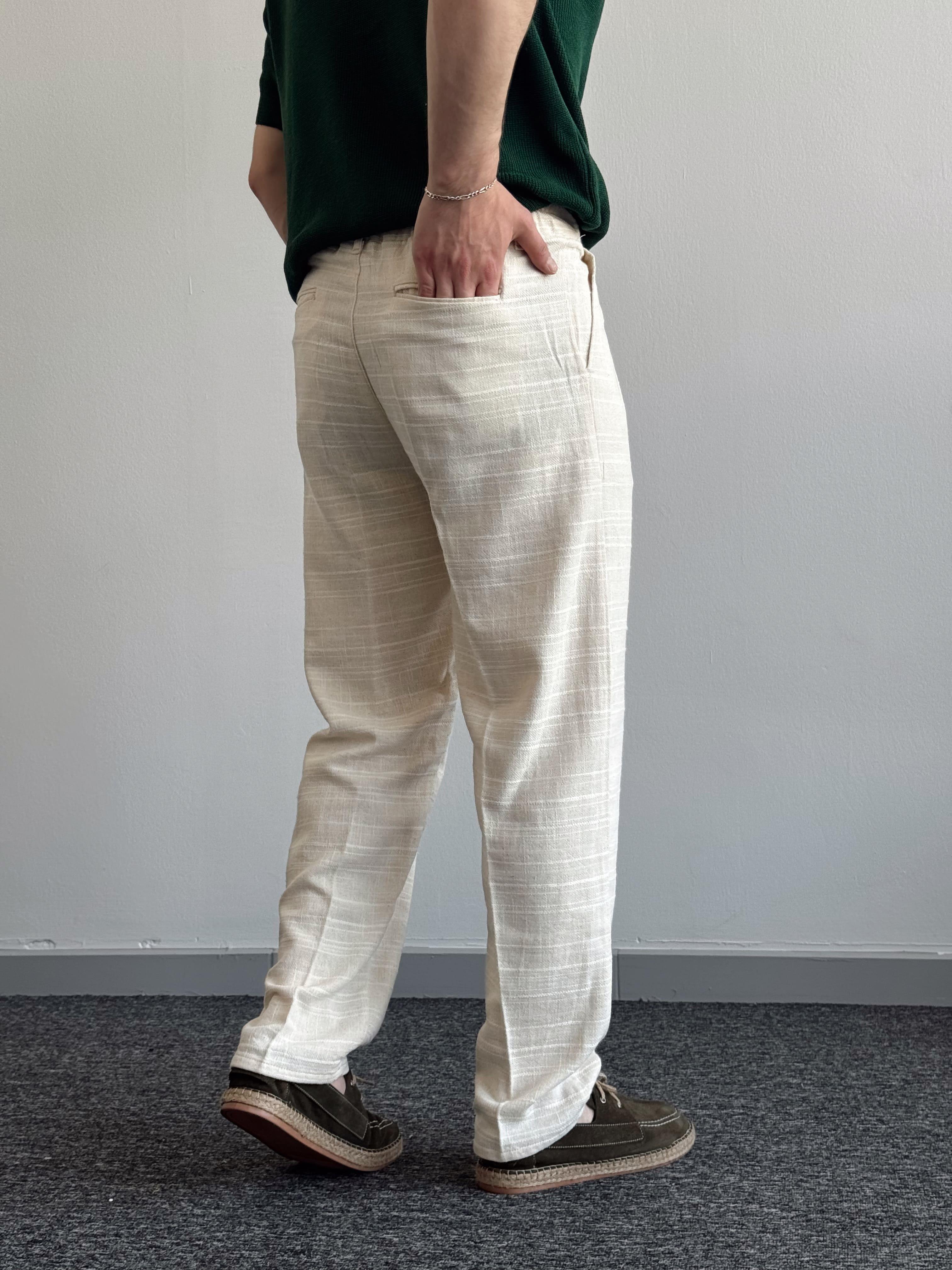 Erkek Premium Kalite Beli Lastikli Çizgi Detay Baggy Kalıp Keten Pantolon-Bej(E1413)
