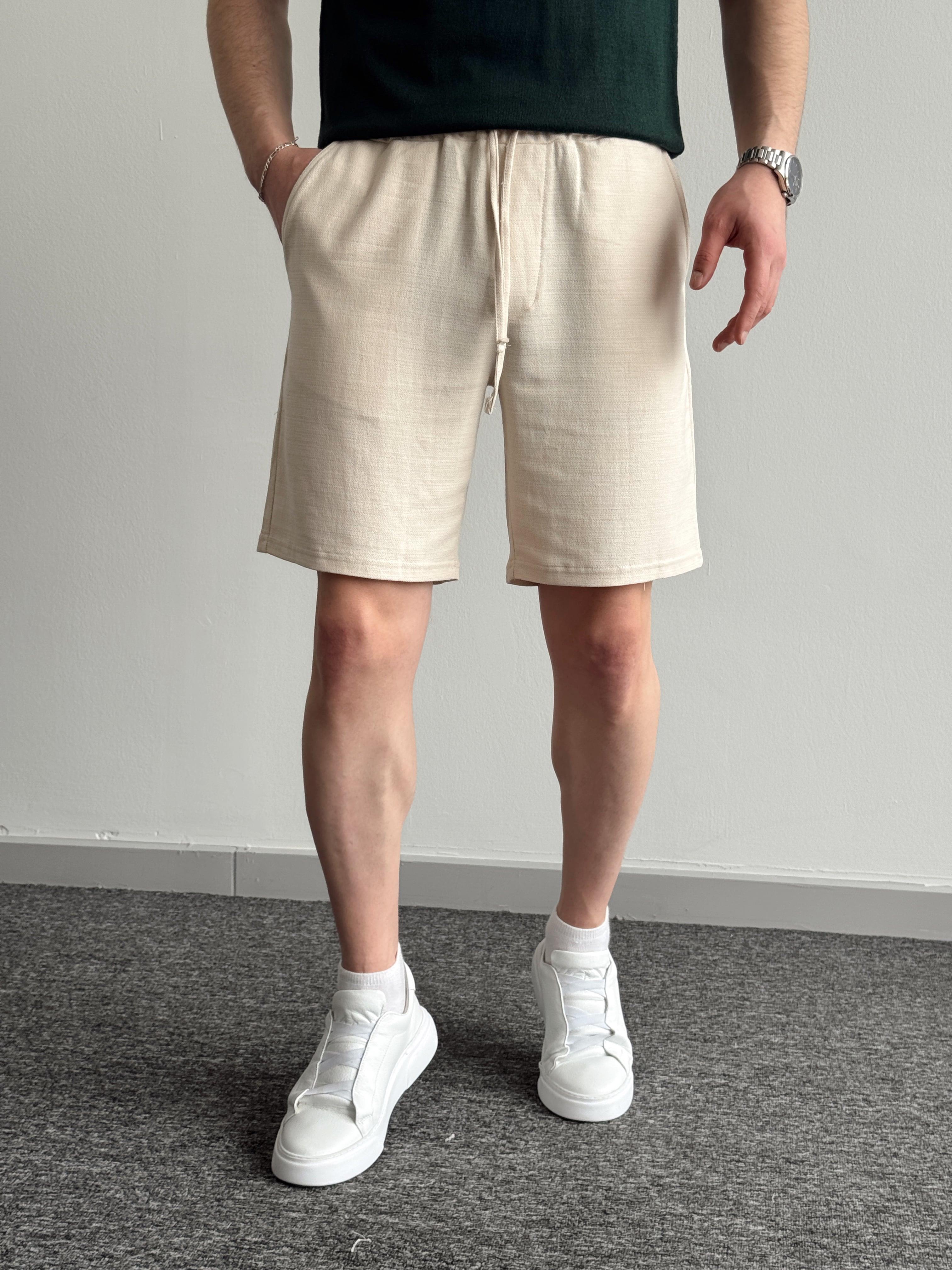 Erkek Premium Kalite Beli Lastikli Geniş Kalıp Keten Şort-Bej(E1332)Ketench