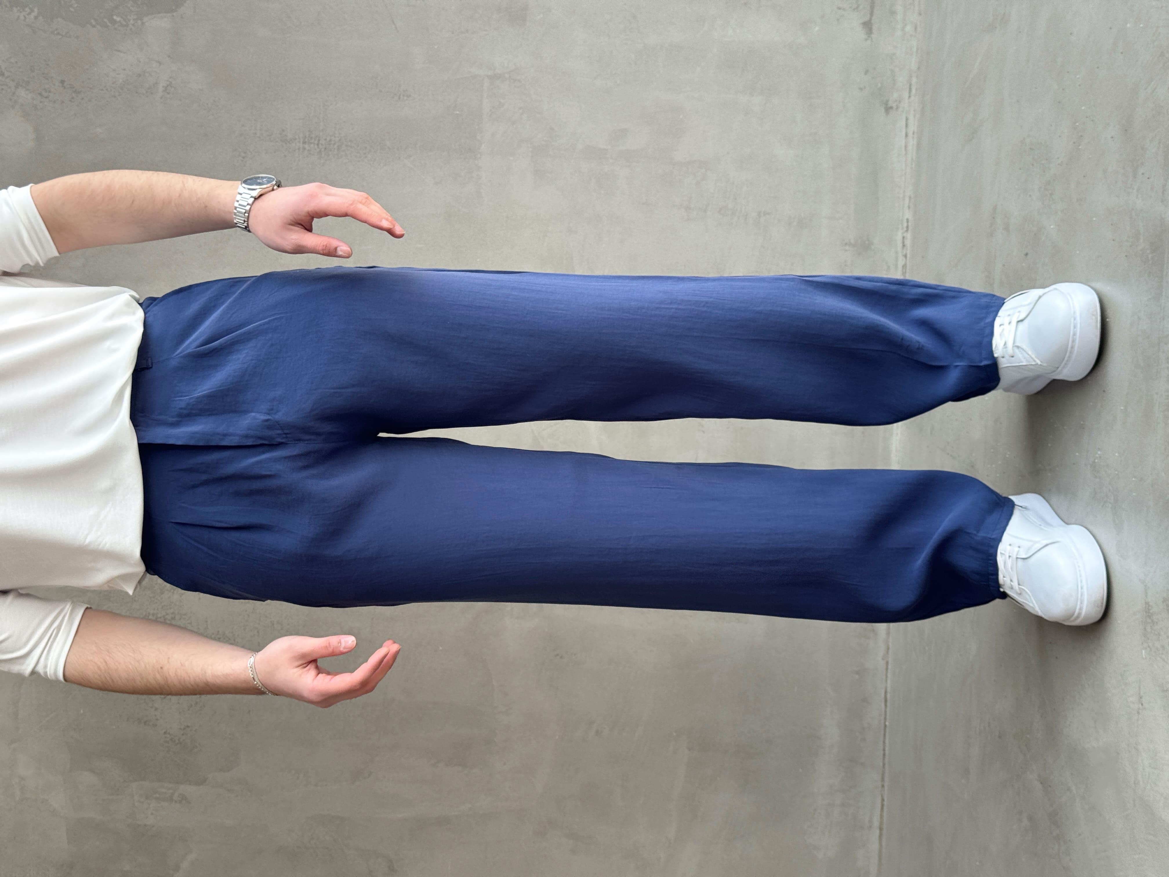 Erkek Premium Kalite Beli Lastikli Pile Detaylı Baggy Kalıp Modal Kumaş Pantolon-Lacivert(E1649)