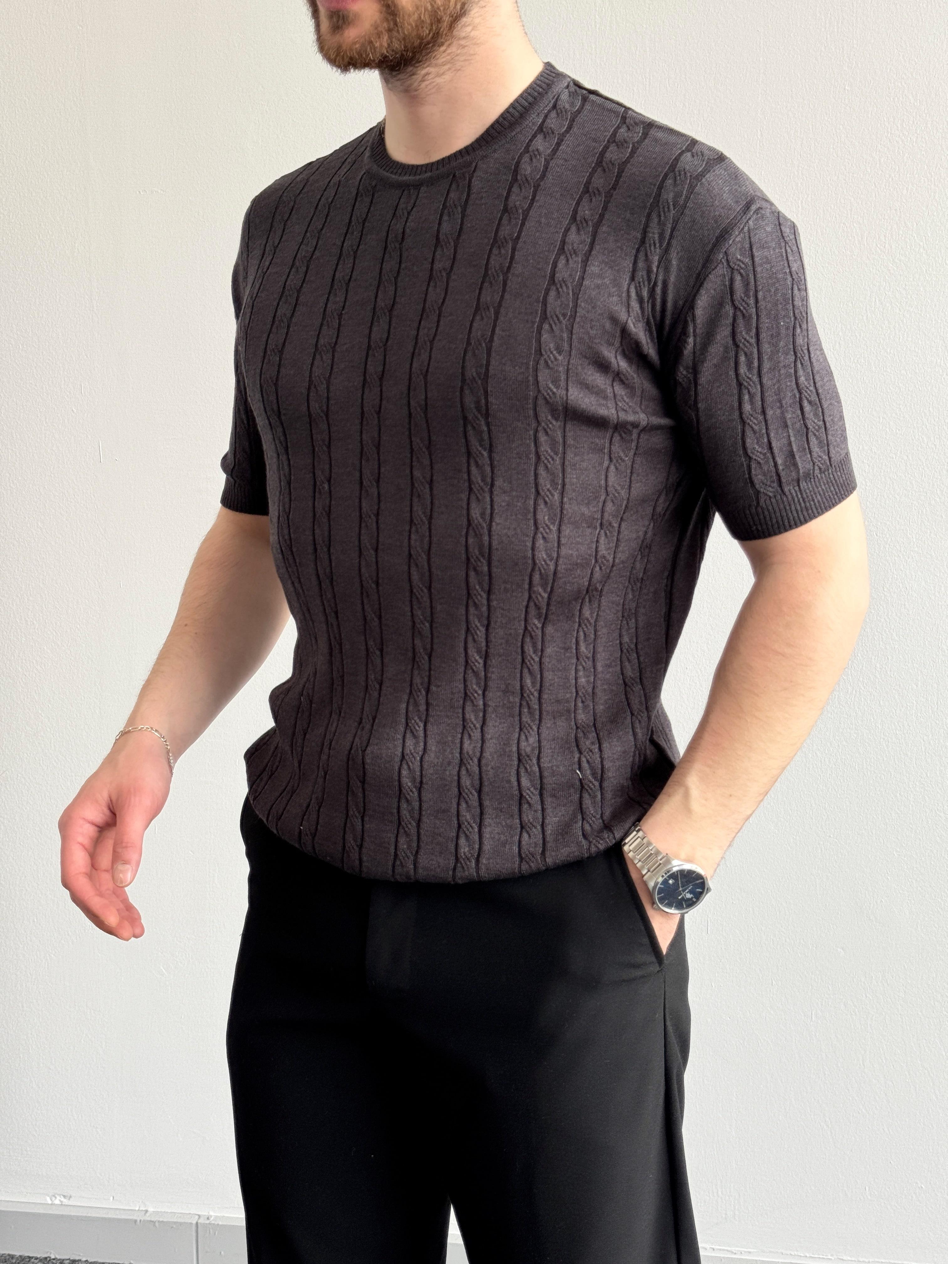 Erkek Premium Kalite Bisiklet Yaka Oversize Kalıp Halat Desenli Triko T-Shirt-Antrasit(E1356)