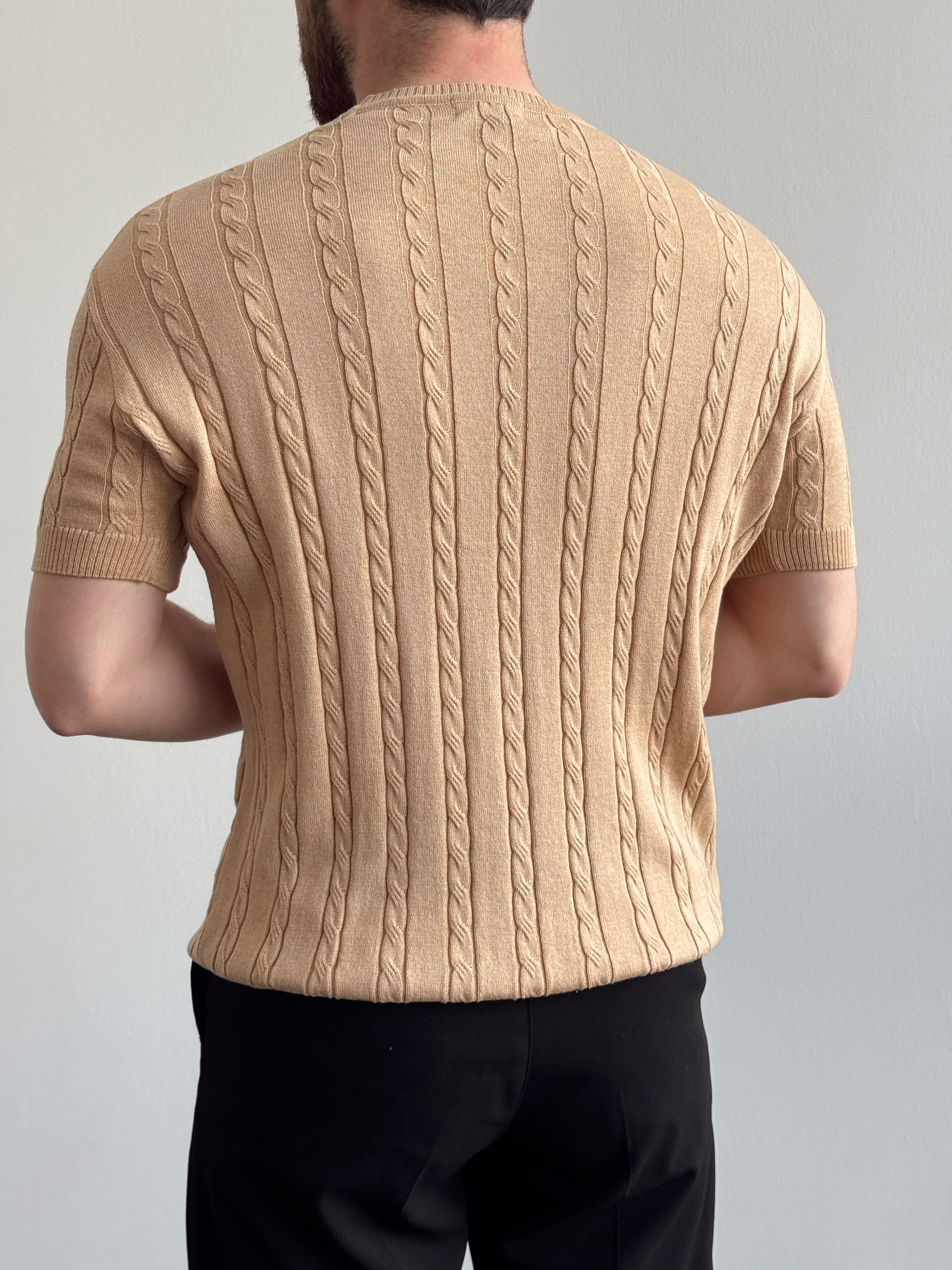 Erkek Premium Kalite Bisiklet Yaka Oversize Kalıp Halat Desenli Triko T-Shirt-Bej(E1356)
