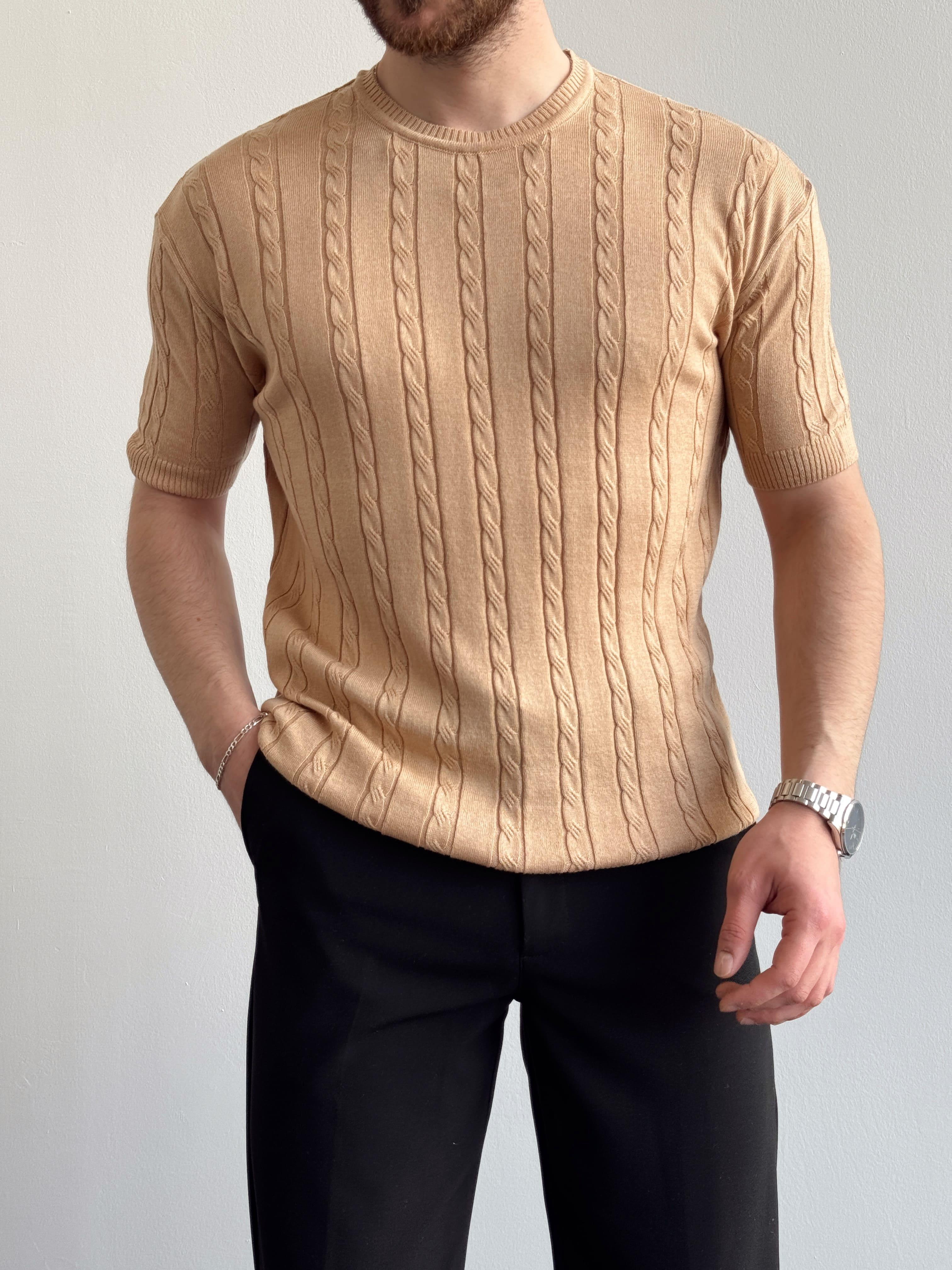 Erkek Premium Kalite Bisiklet Yaka Oversize Kalıp Halat Desenli Triko T-Shirt-Bej(E1356)