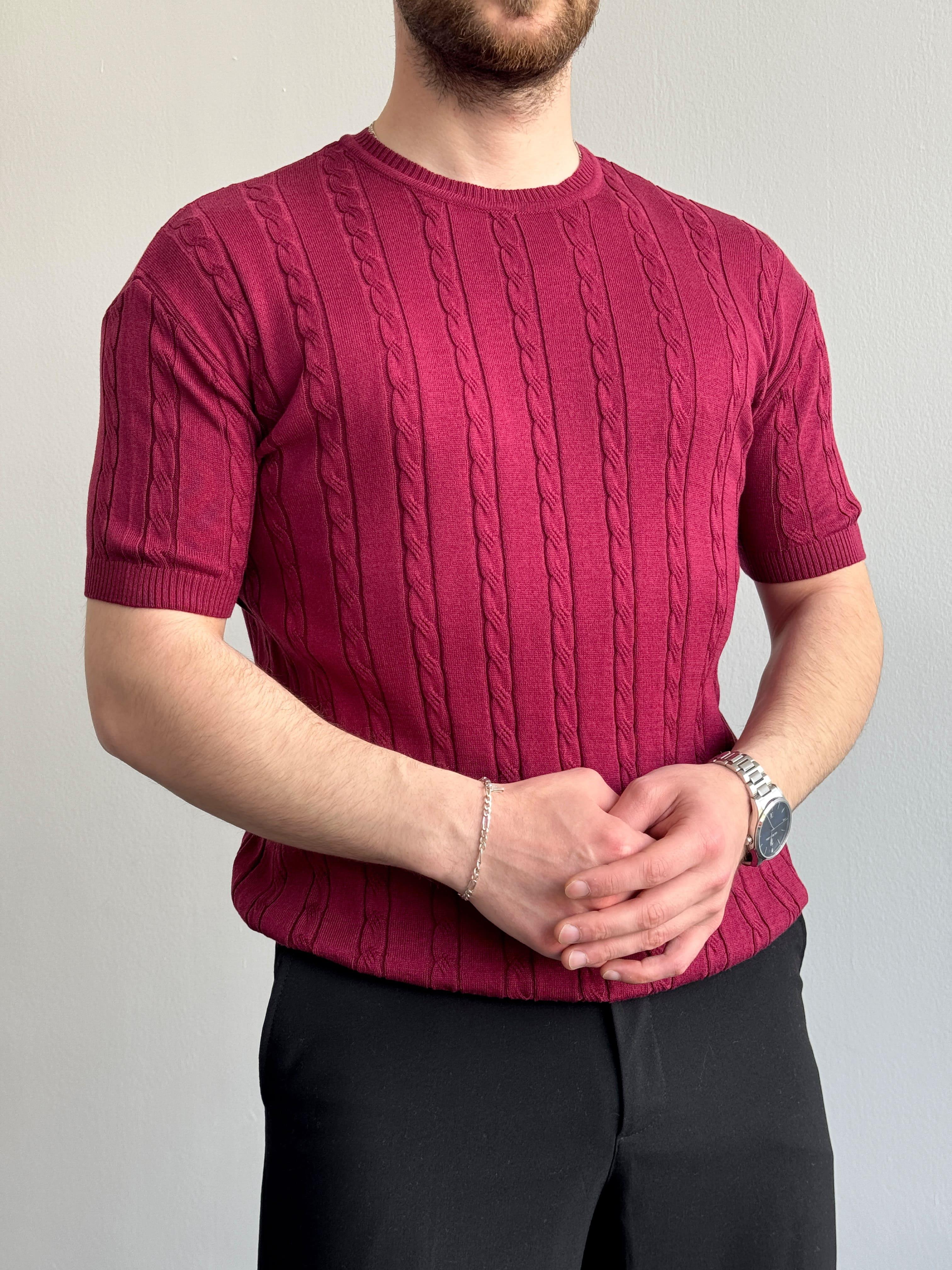 Erkek Premium Kalite Bisiklet Yaka Oversize Kalıp Halat Desenli Triko T-Shirt-Bordo(E1356)