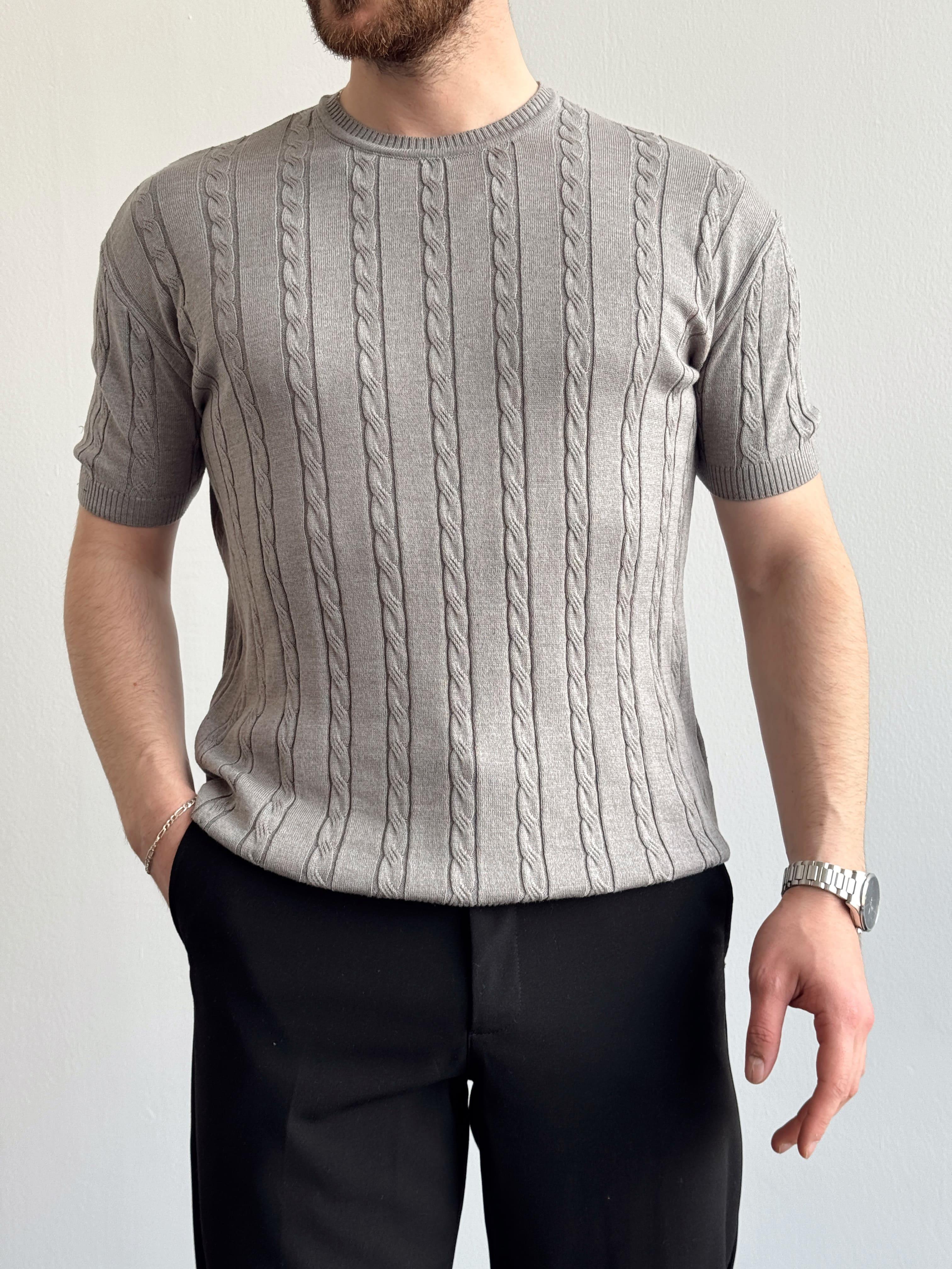 Erkek Premium Kalite Bisiklet Yaka Oversize Kalıp Halat Desenli Triko T-Shirt-Gri(E1356)Ketench