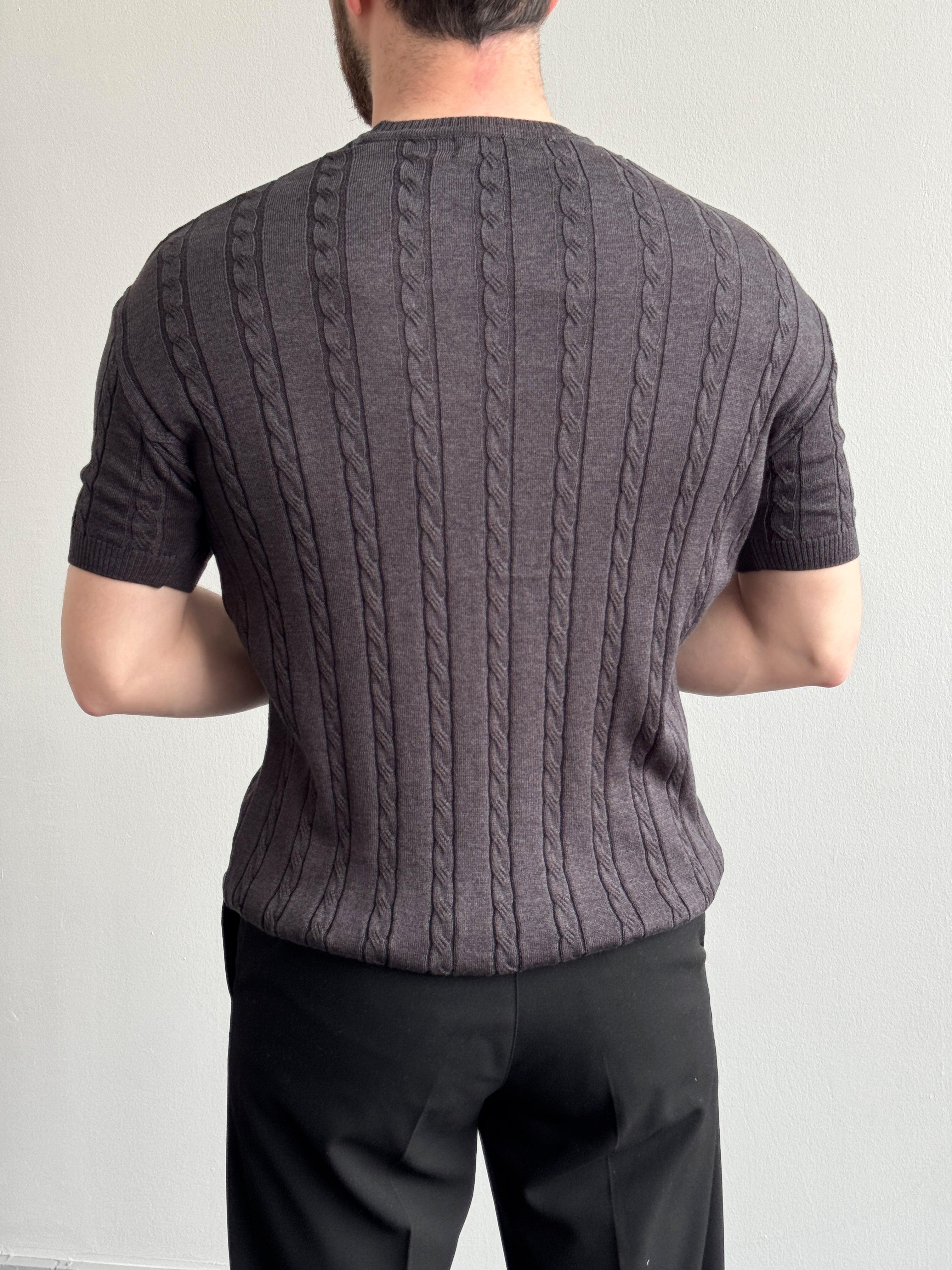 Erkek Premium Kalite Bisiklet Yaka Oversize Kalıp Halat Desenli Triko T-Shirt-Antrasit(E1356)