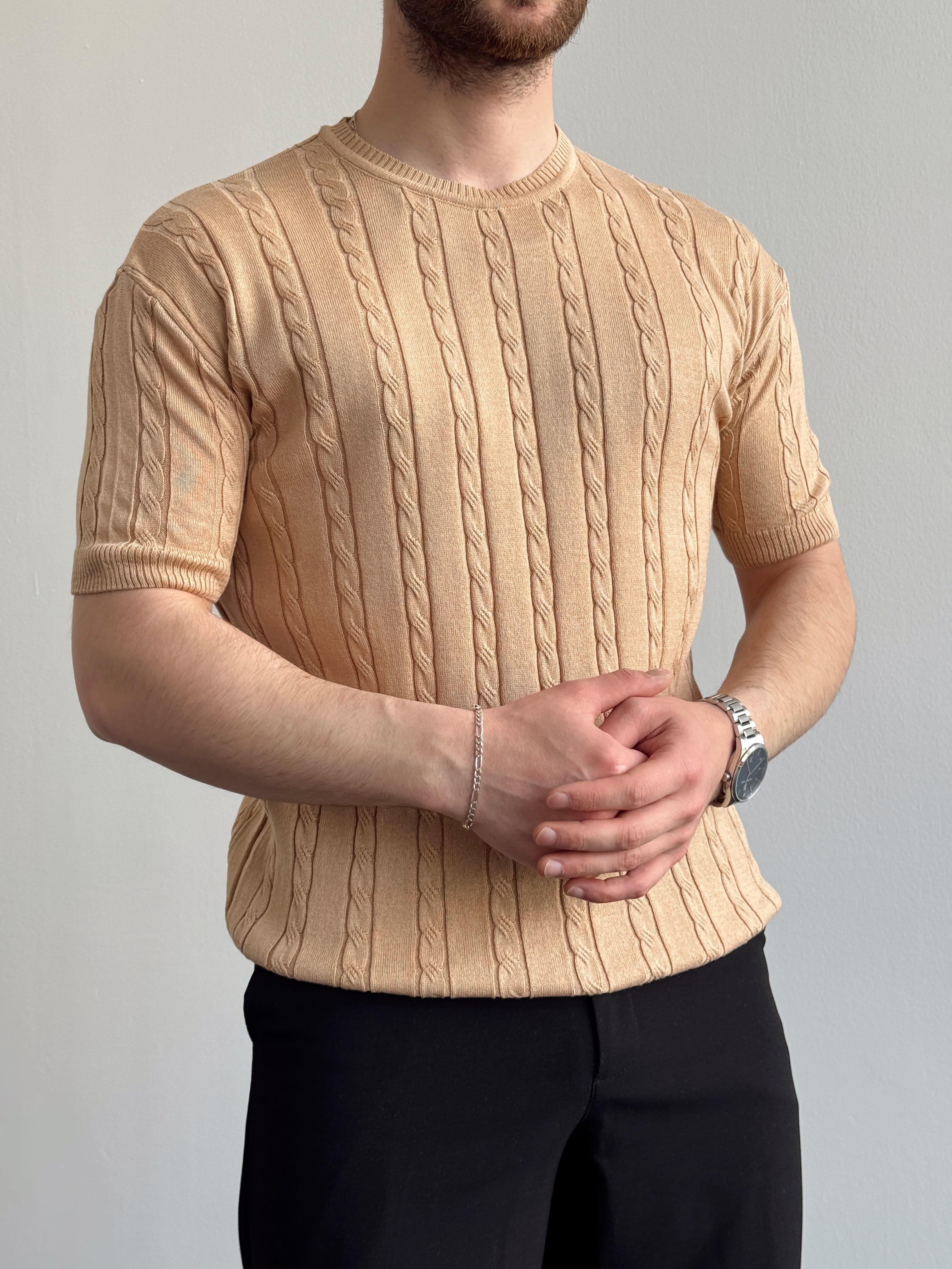Erkek Premium Kalite Bisiklet Yaka Oversize Kalıp Halat Desenli Triko T-Shirt-Bej(E1356)
