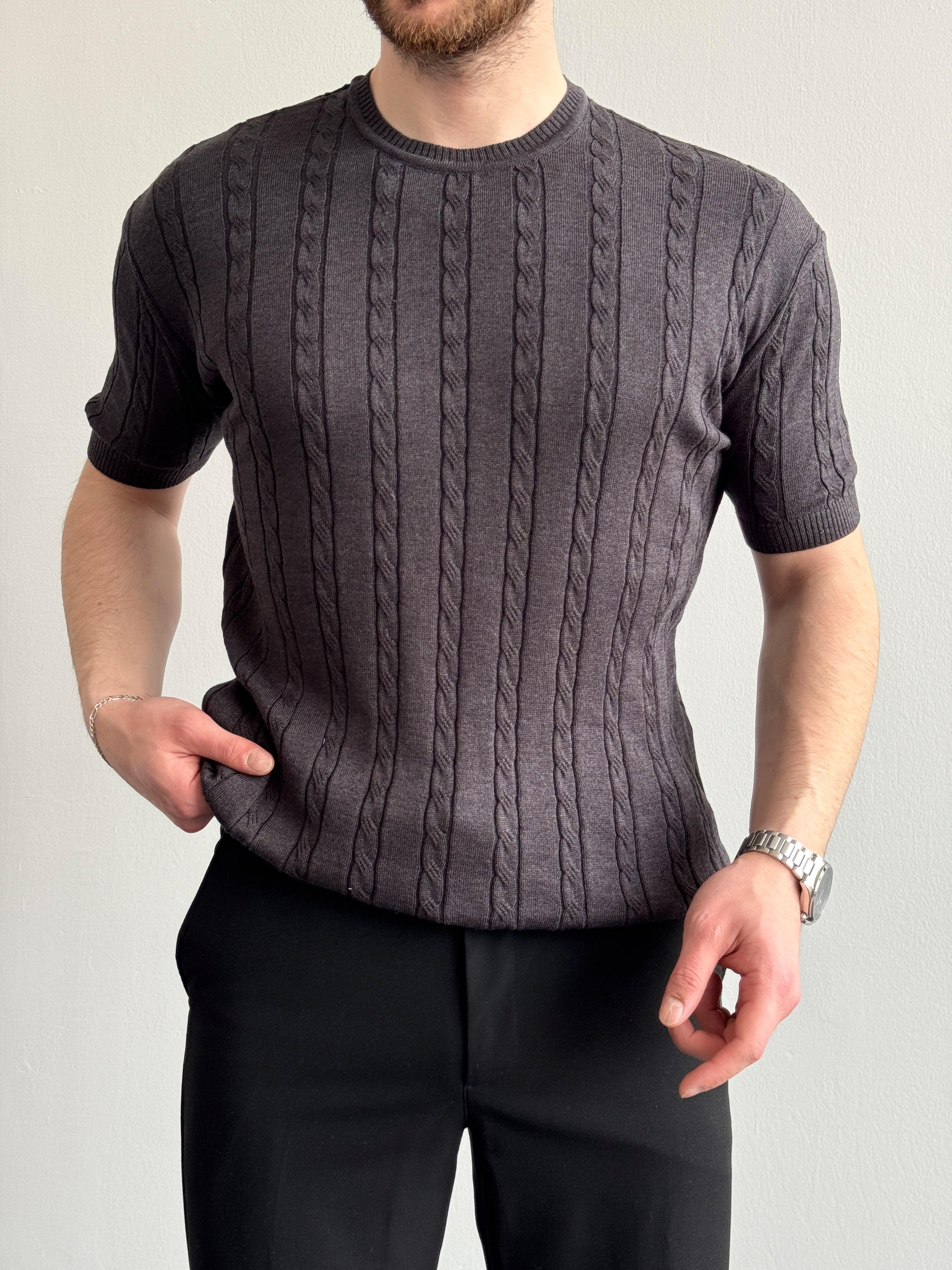 Erkek Premium Kalite Bisiklet Yaka Oversize Kalıp Halat Desenli Triko T-Shirt-Antrasit(E1356)