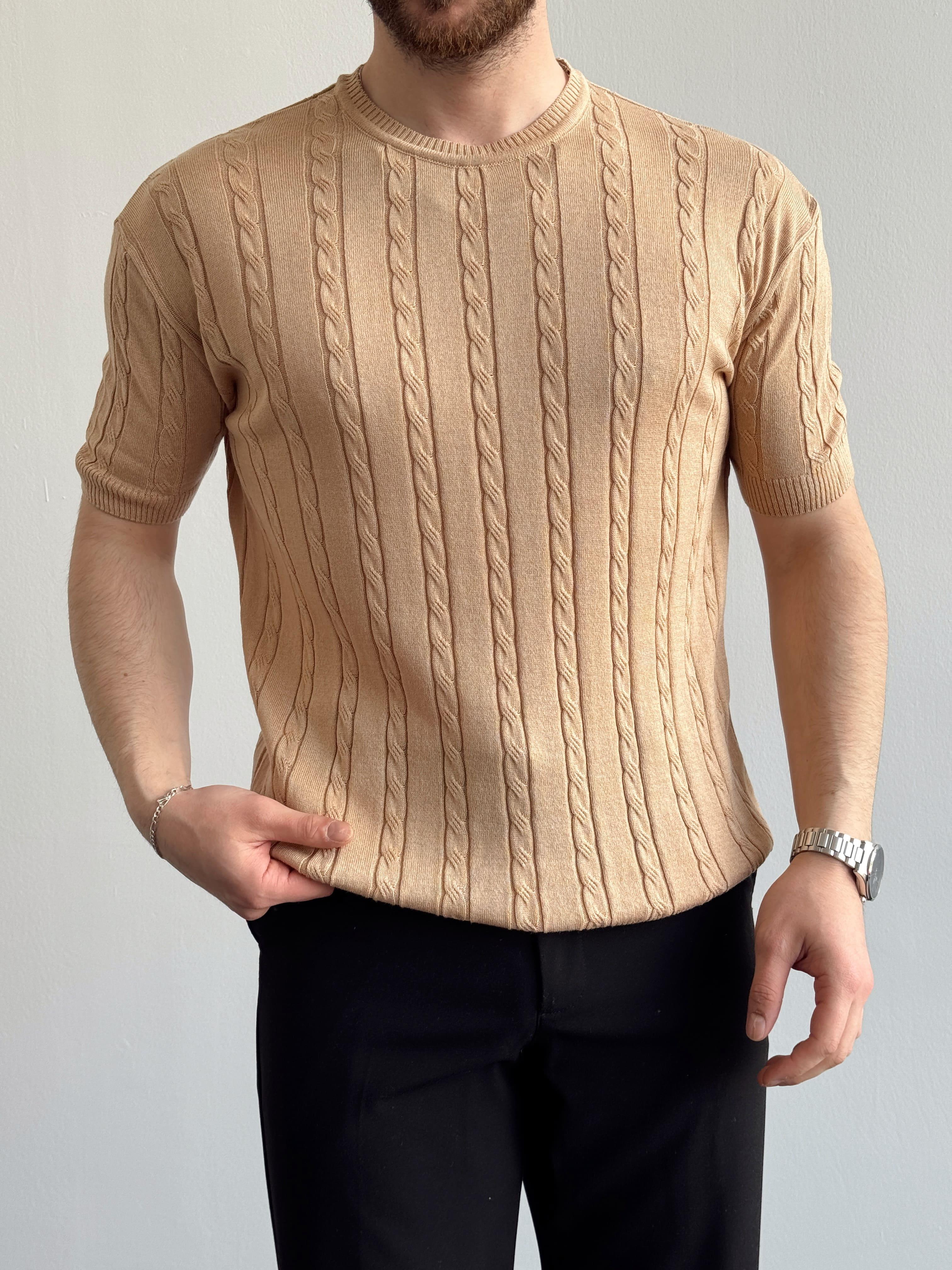 Erkek Premium Kalite Bisiklet Yaka Oversize Kalıp Halat Desenli Triko T-Shirt-Bej(E1356)