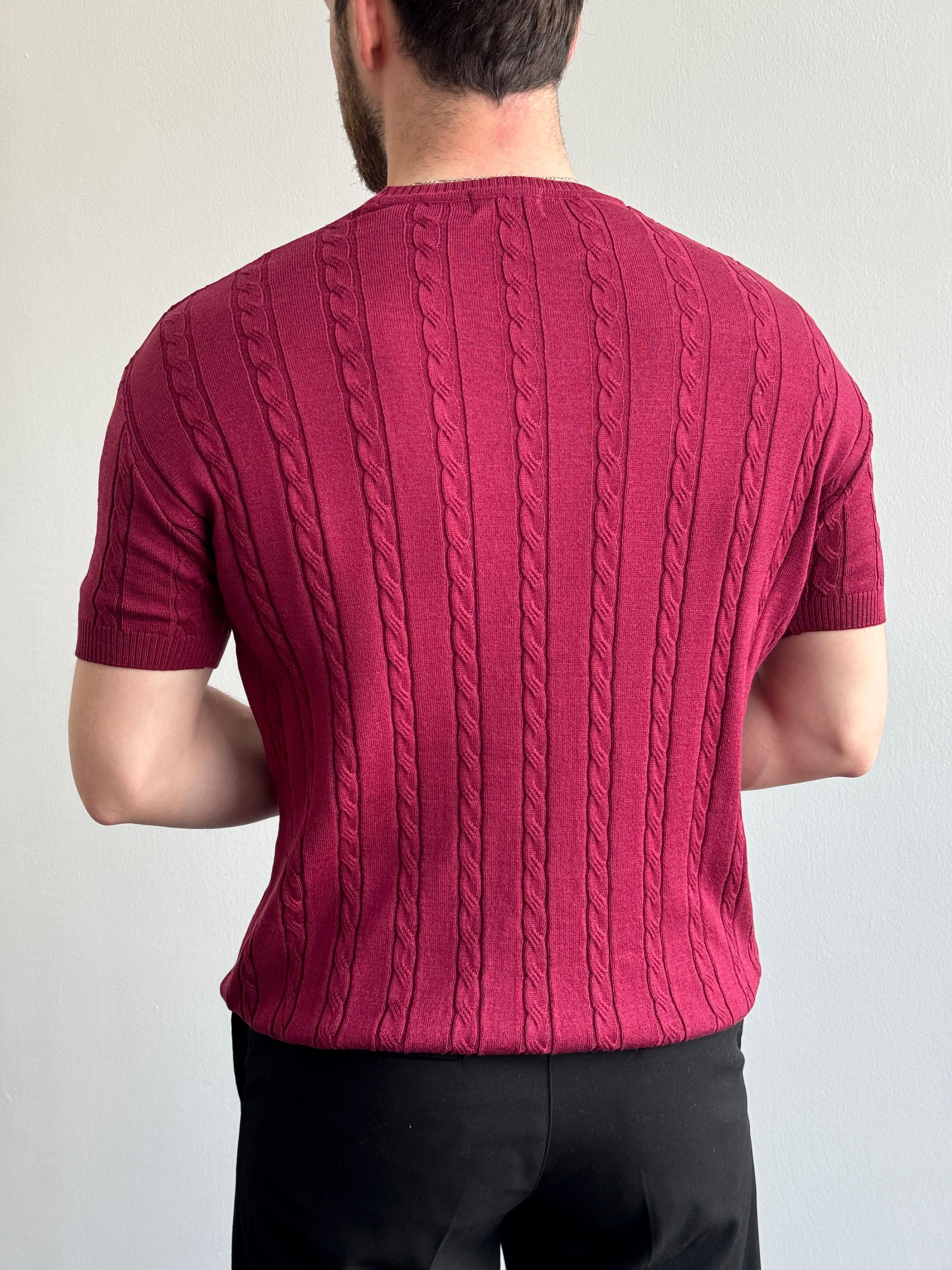 Erkek Premium Kalite Bisiklet Yaka Oversize Kalıp Halat Desenli Triko T-Shirt-Bordo(E1356)