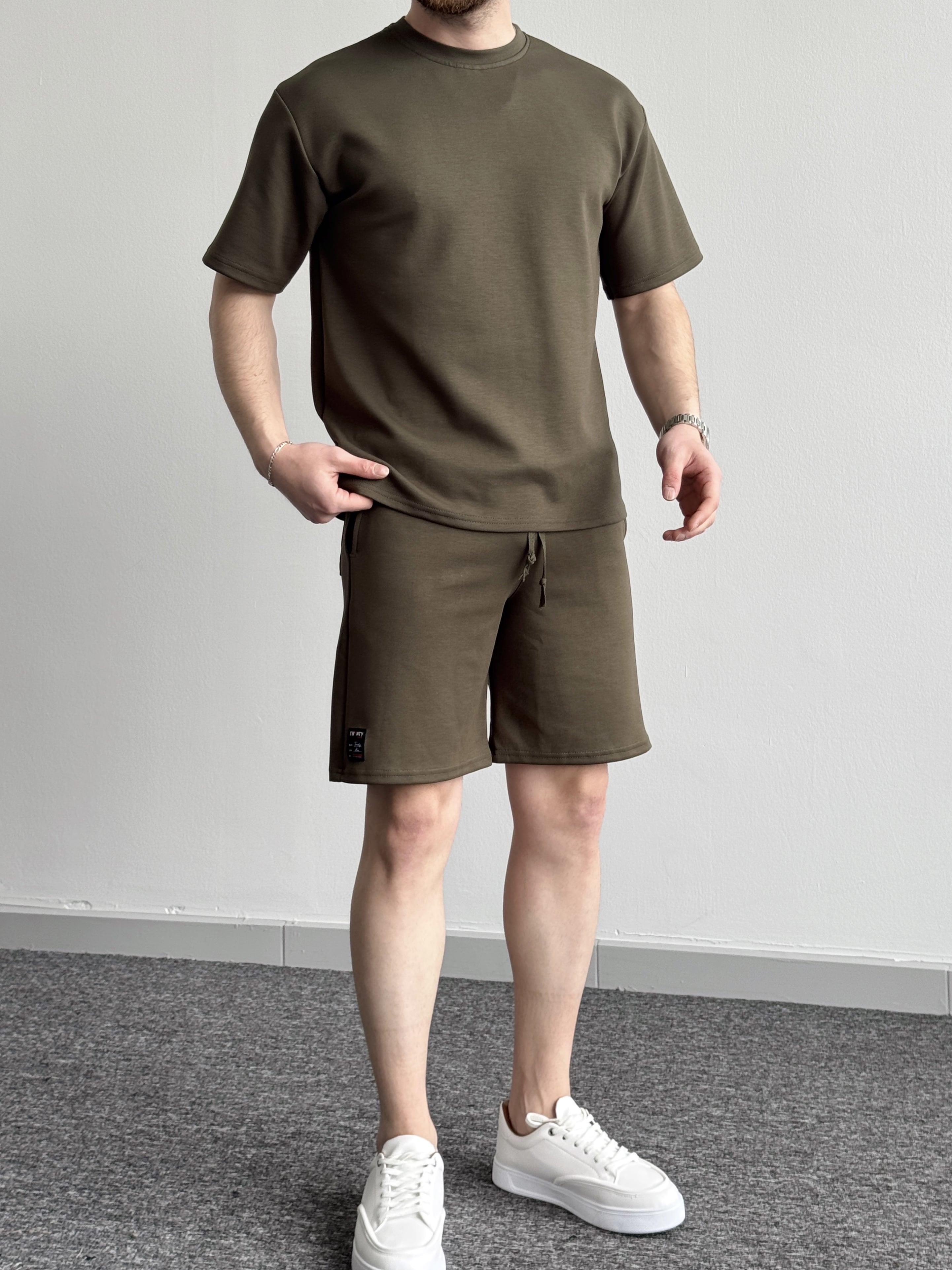 Erkek Premium Kalite Bisiklet Yaka T-Shirt Şort Takım-Haki(E1353)