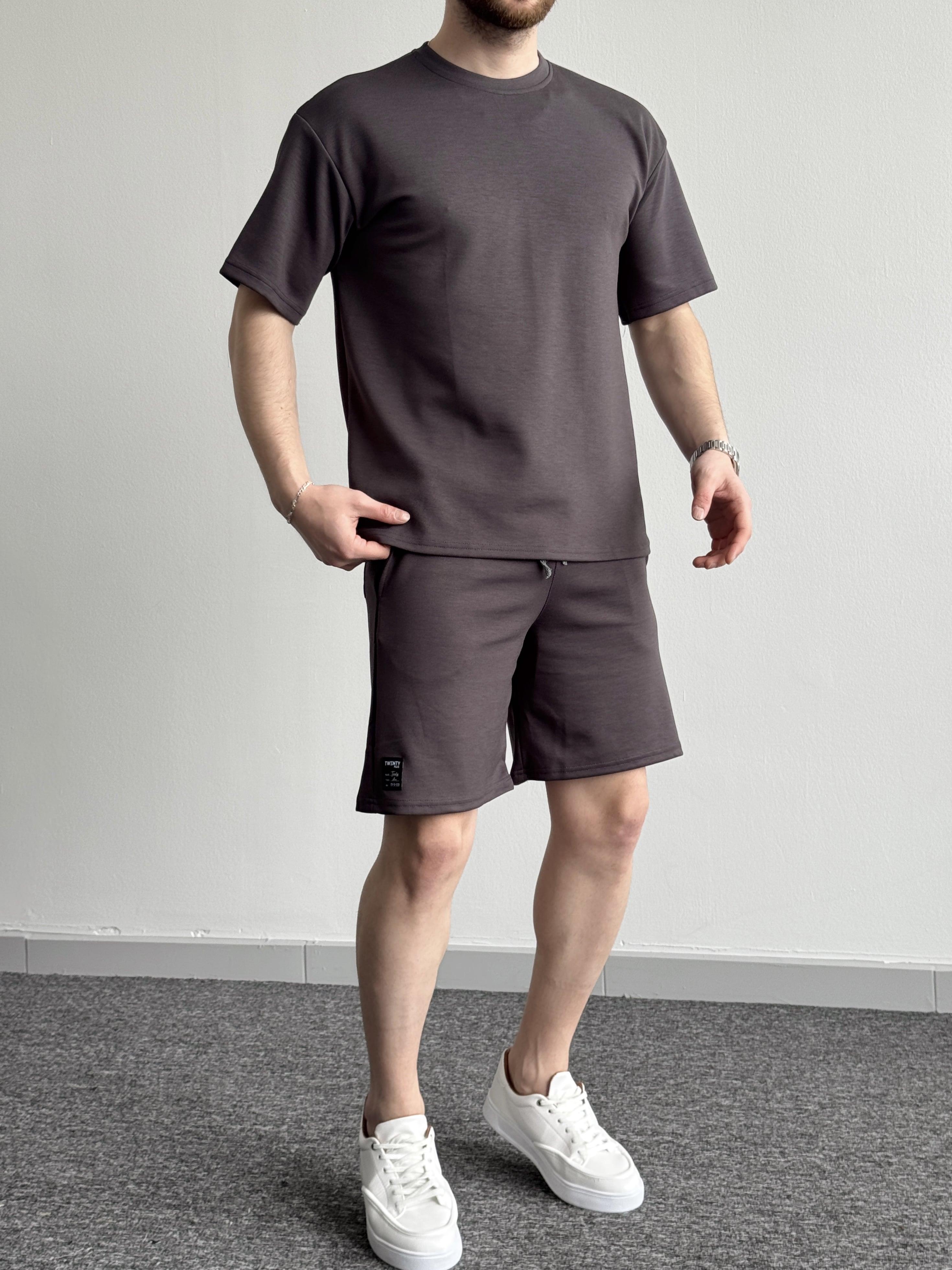 Erkek Premium Kalite Bisiklet Yaka T-Shirt Şort Takım-Antrasit(E1353)