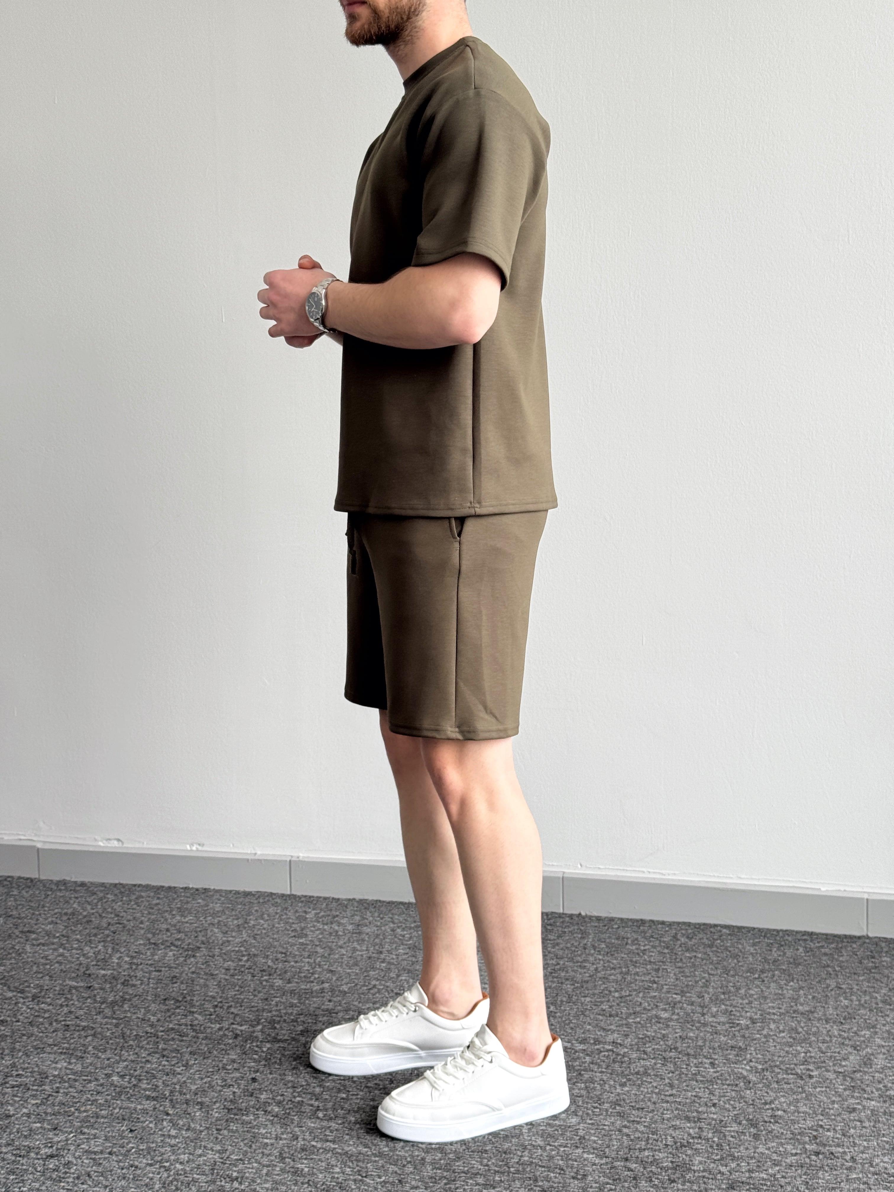 Erkek Premium Kalite Bisiklet Yaka T-Shirt Şort Takım-Haki(E1353)