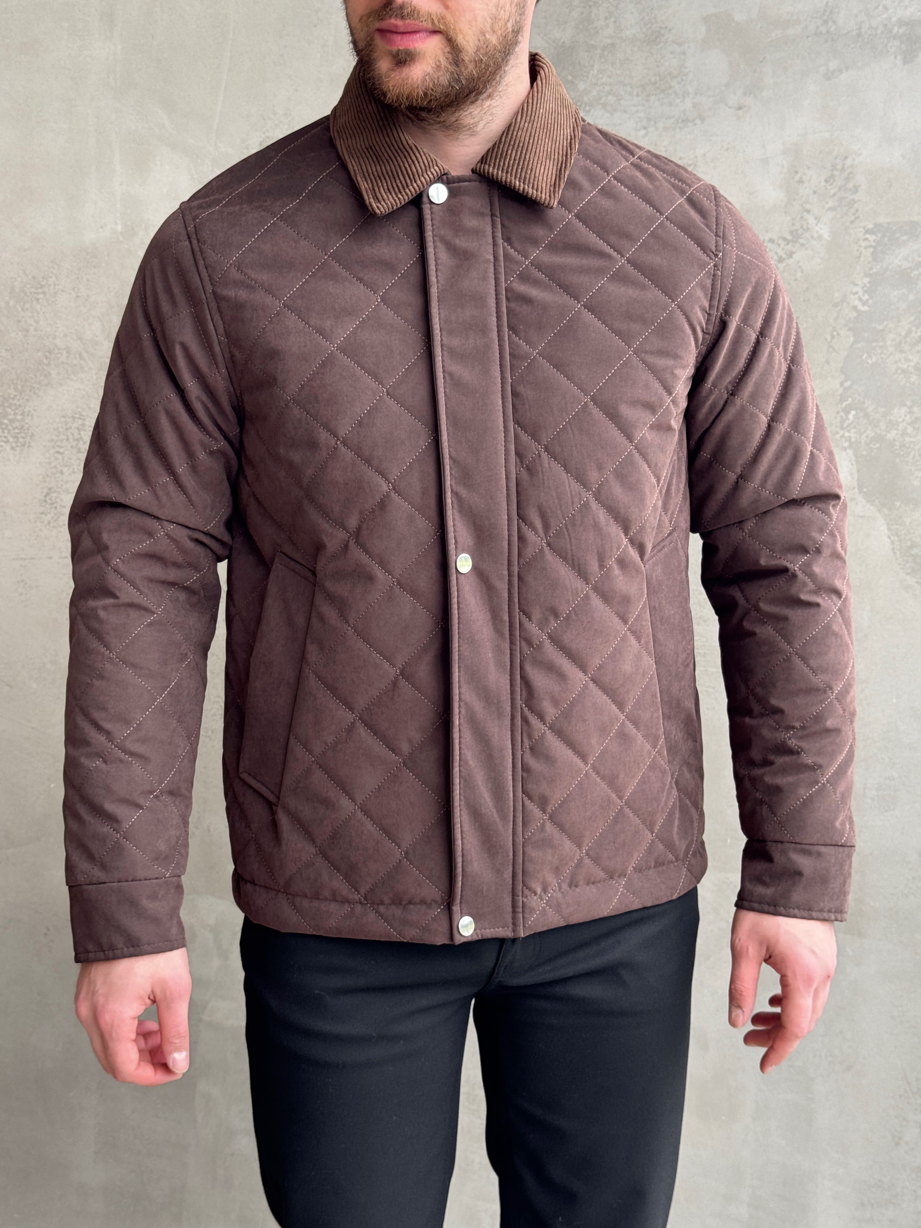 Erkek Premium Kalite BRB Model Regular Kalıp Kadife Yaka Baklava Desenli Süet Ceket-Kahverengi(E1898)