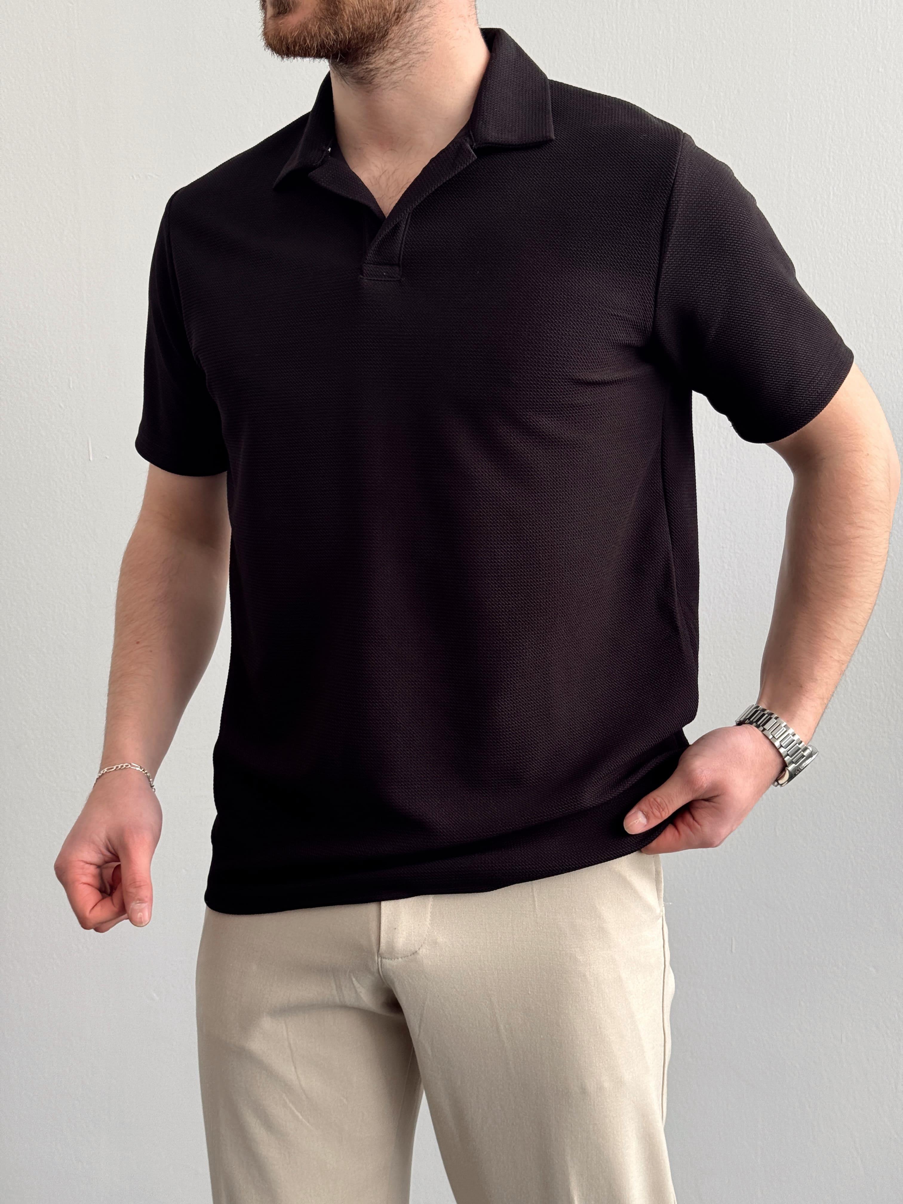 Erkek Premium Kalite Jakarlı Polo Yaka T-Shirt-Siyah(E1295)