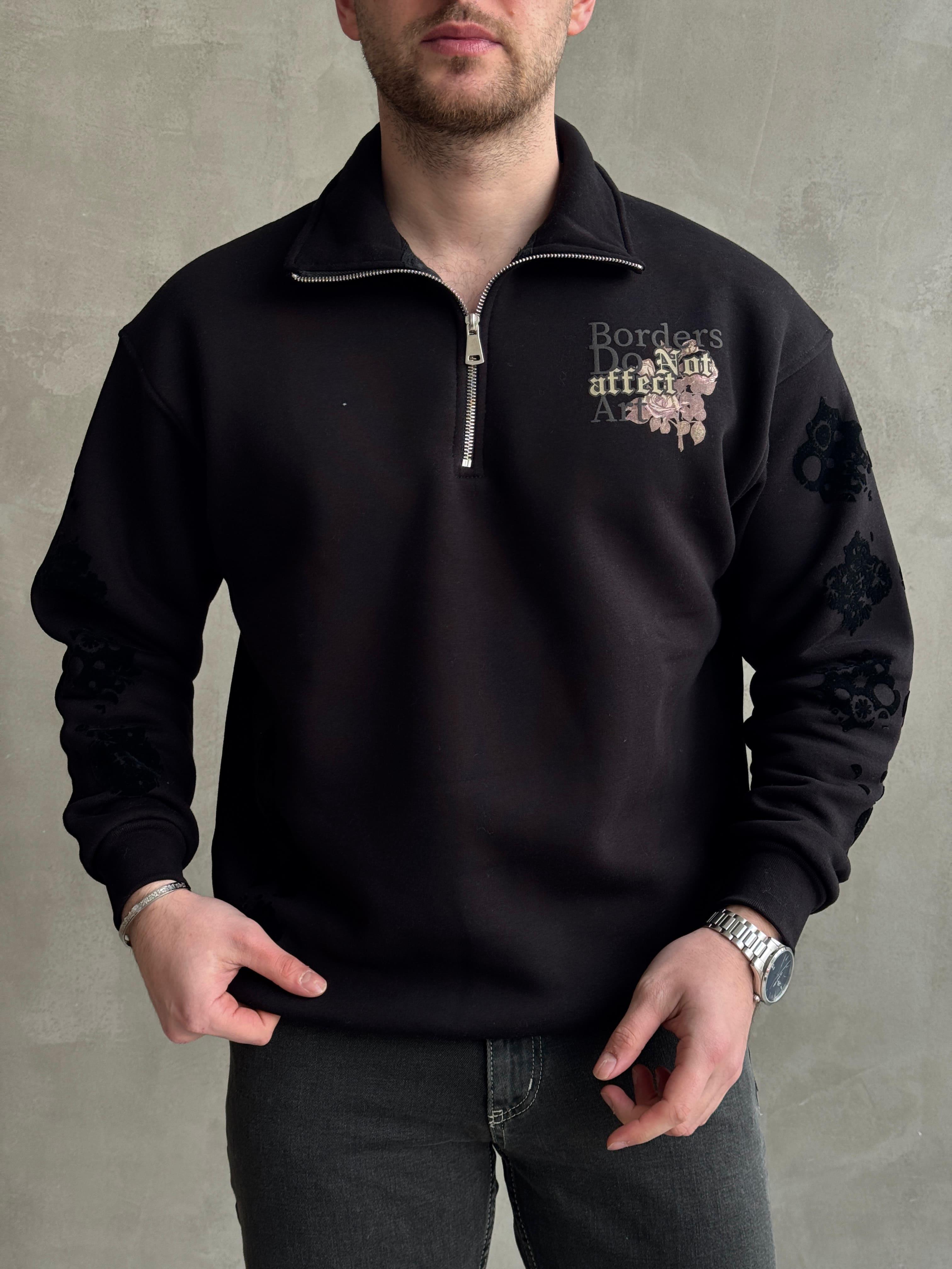 Erkek Premium Kalite Oversize Kalıp Fermuar Detaylı Nakışlı Sweat-Siyah (E1590)Ketench