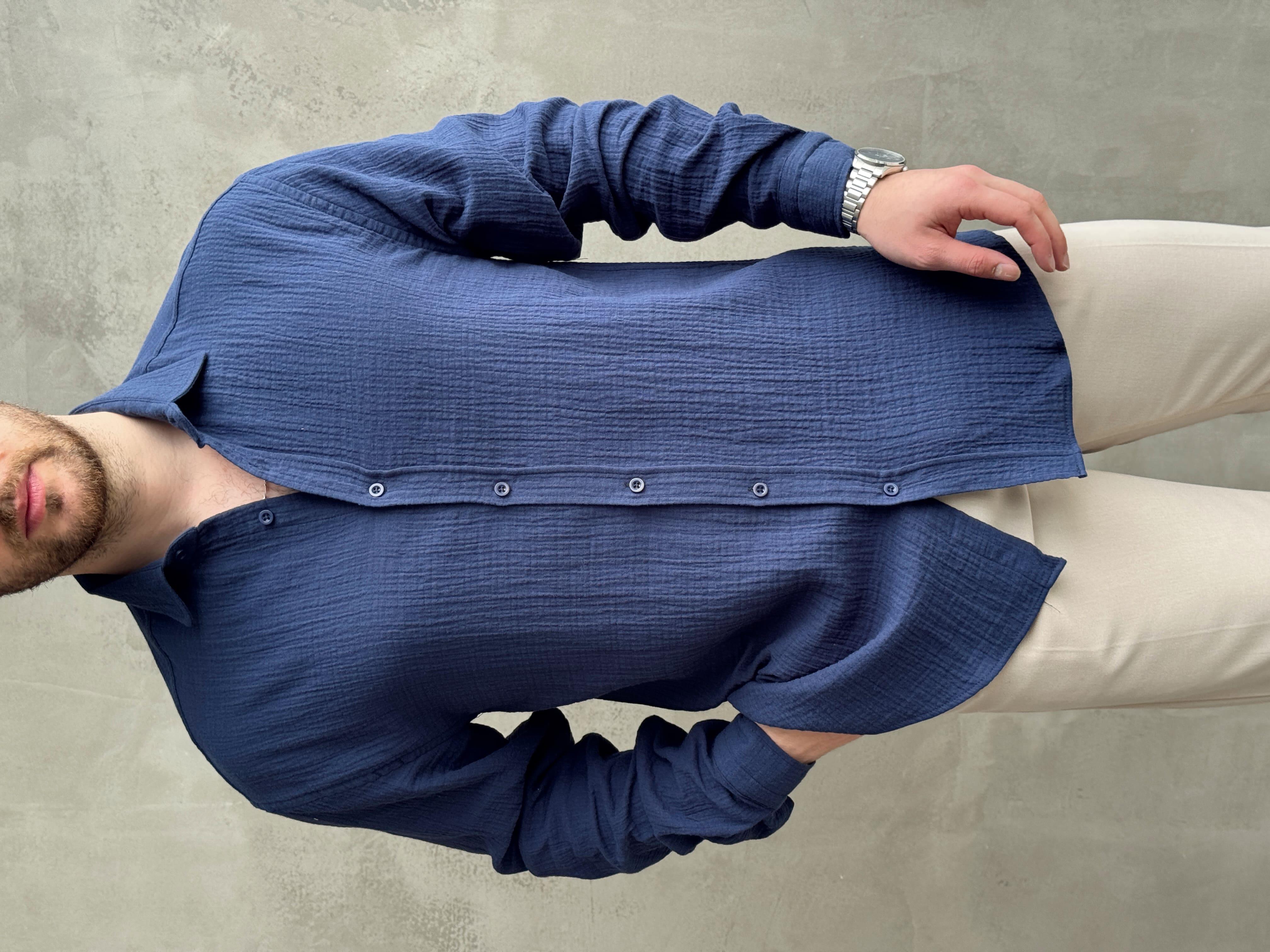 Erkek Premium Kalite Oversize Kalıp Gofre Model Müslin Kumaş Gömlek-Lacivert(E1633)Ketench