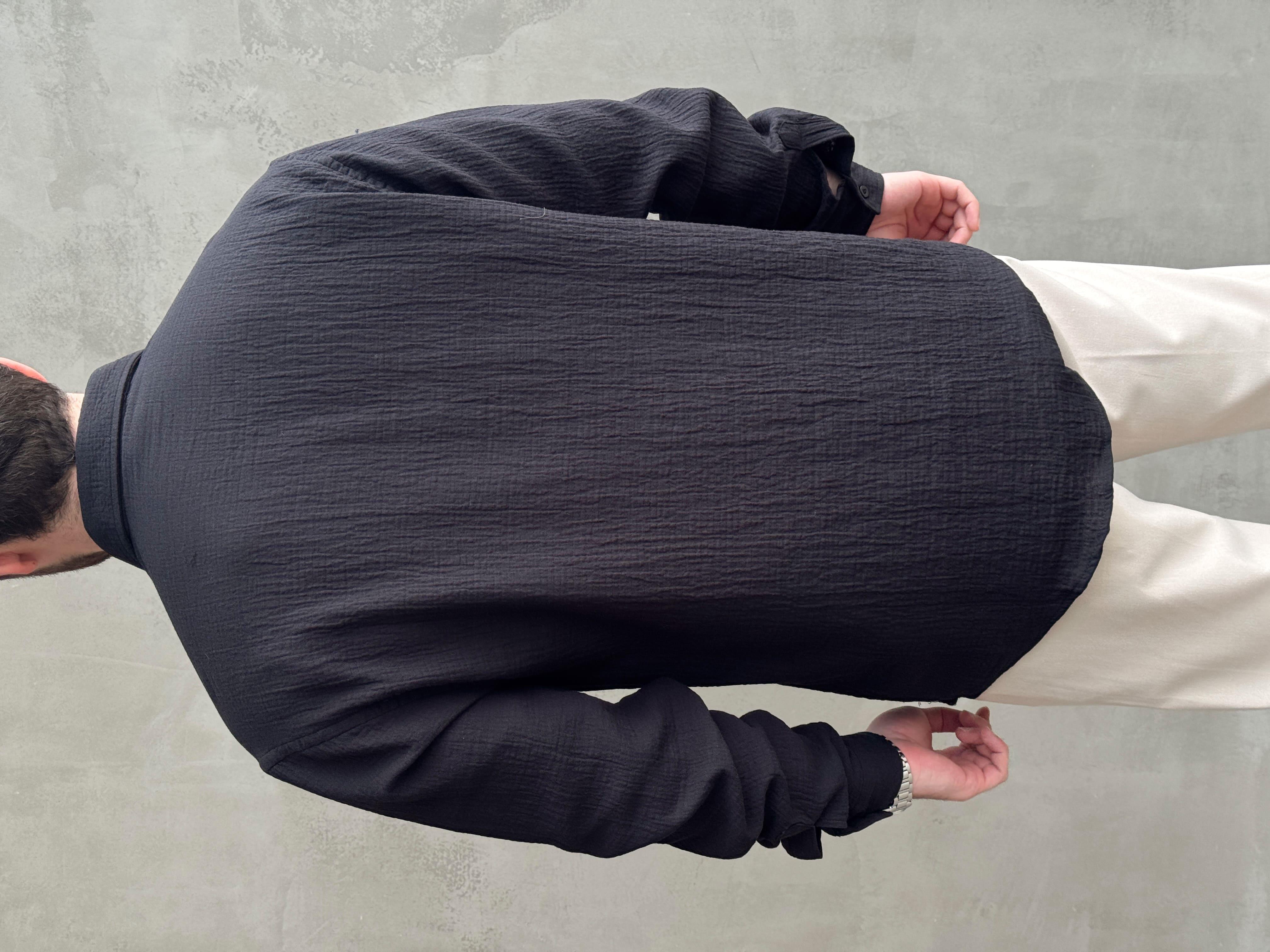 Erkek Premium Kalite Oversize Kalıp Gofre Model Müslin Kumaş Gömlek-Siyah(E1633)