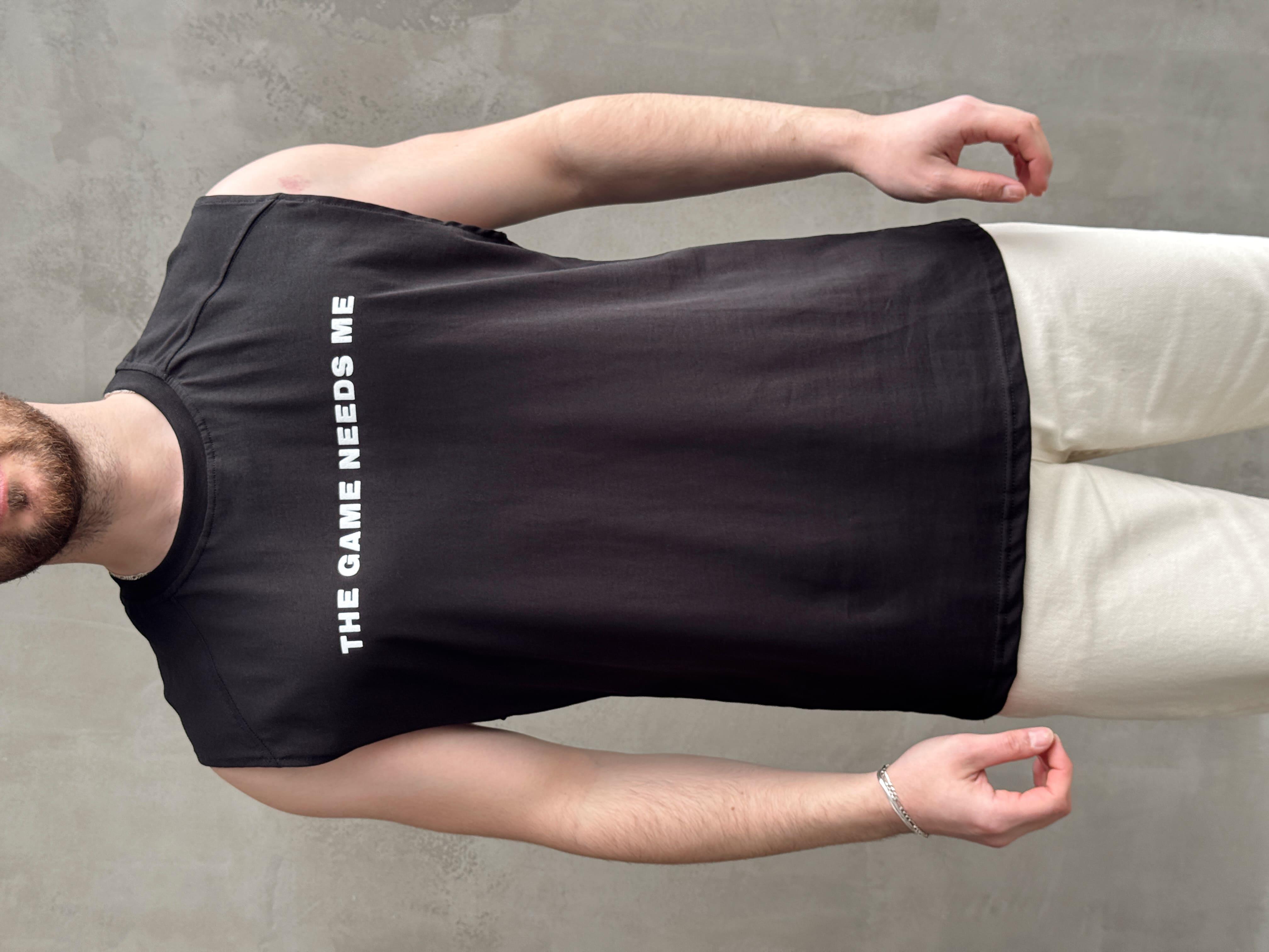 Erkek Premium Kalite Oversize Kalıp Sıfır Kol Baskılı T-Shirt-Siyah(E1666)