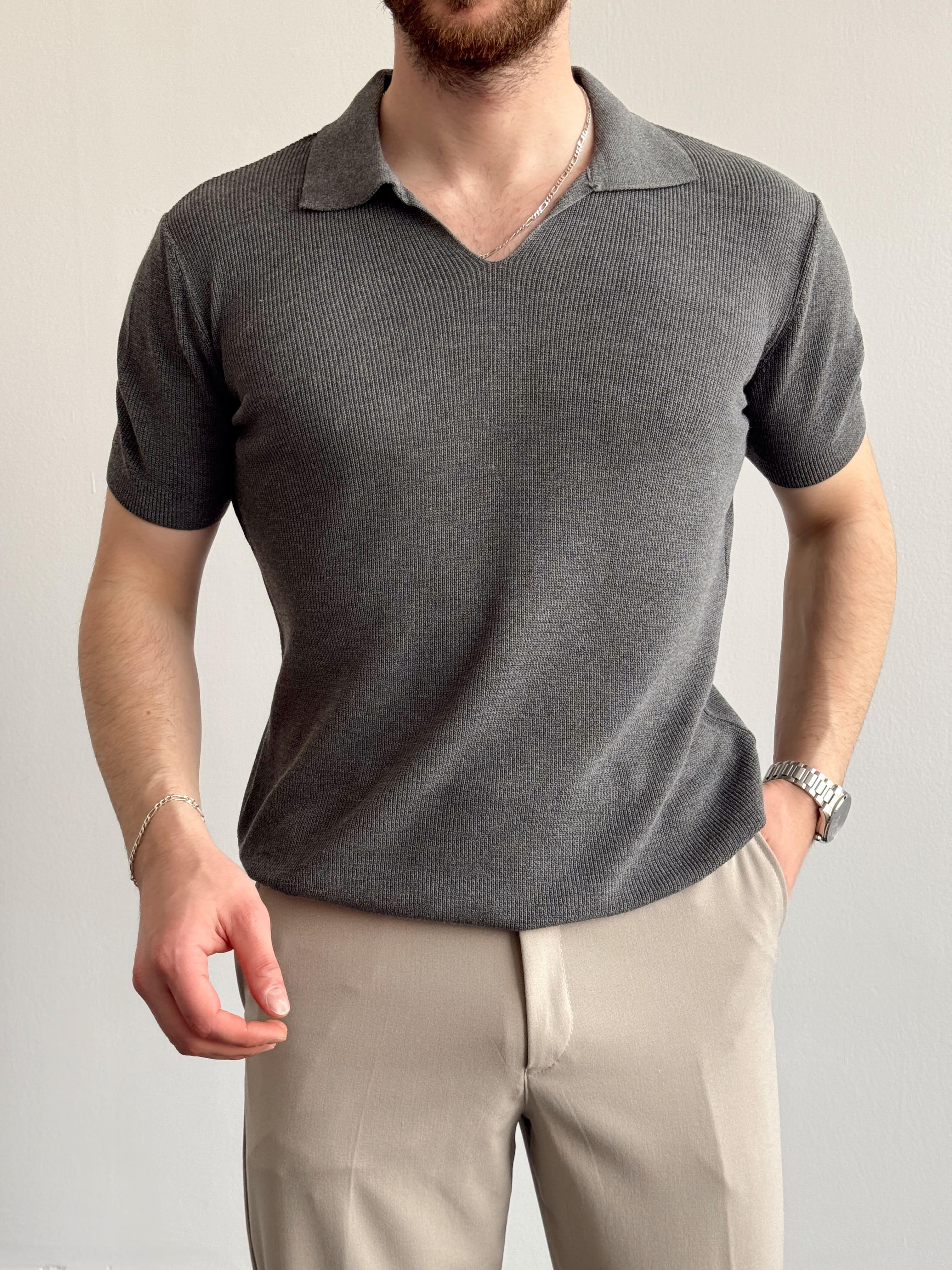 Erkek Premium Kalite Oversize Kalıp V Yaka Triko T-Shirt-Antrasit(E1358)