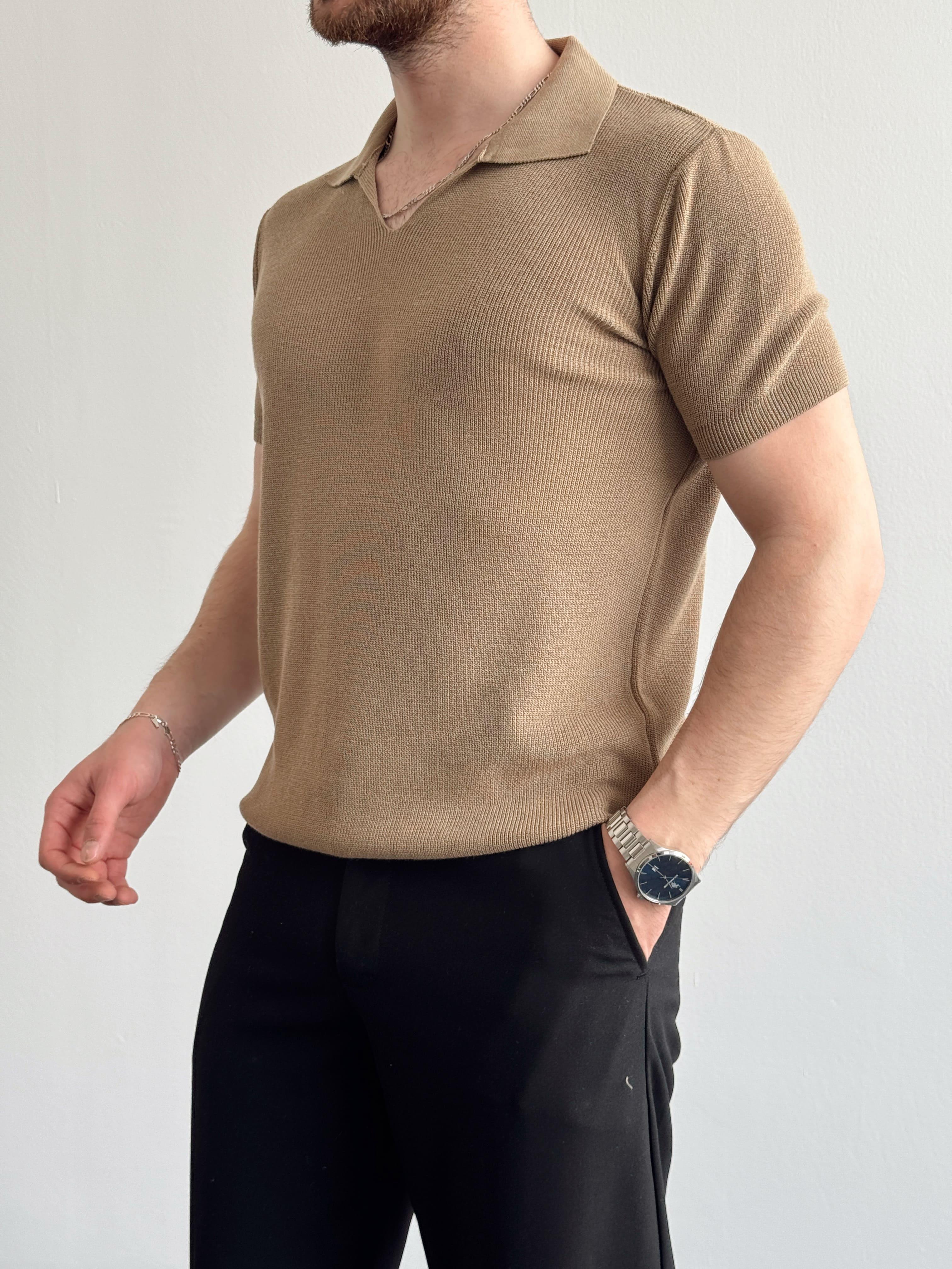 Erkek Premium Kalite Oversize Kalıp V Yaka Triko T-Shirt-Vizon(E1358)