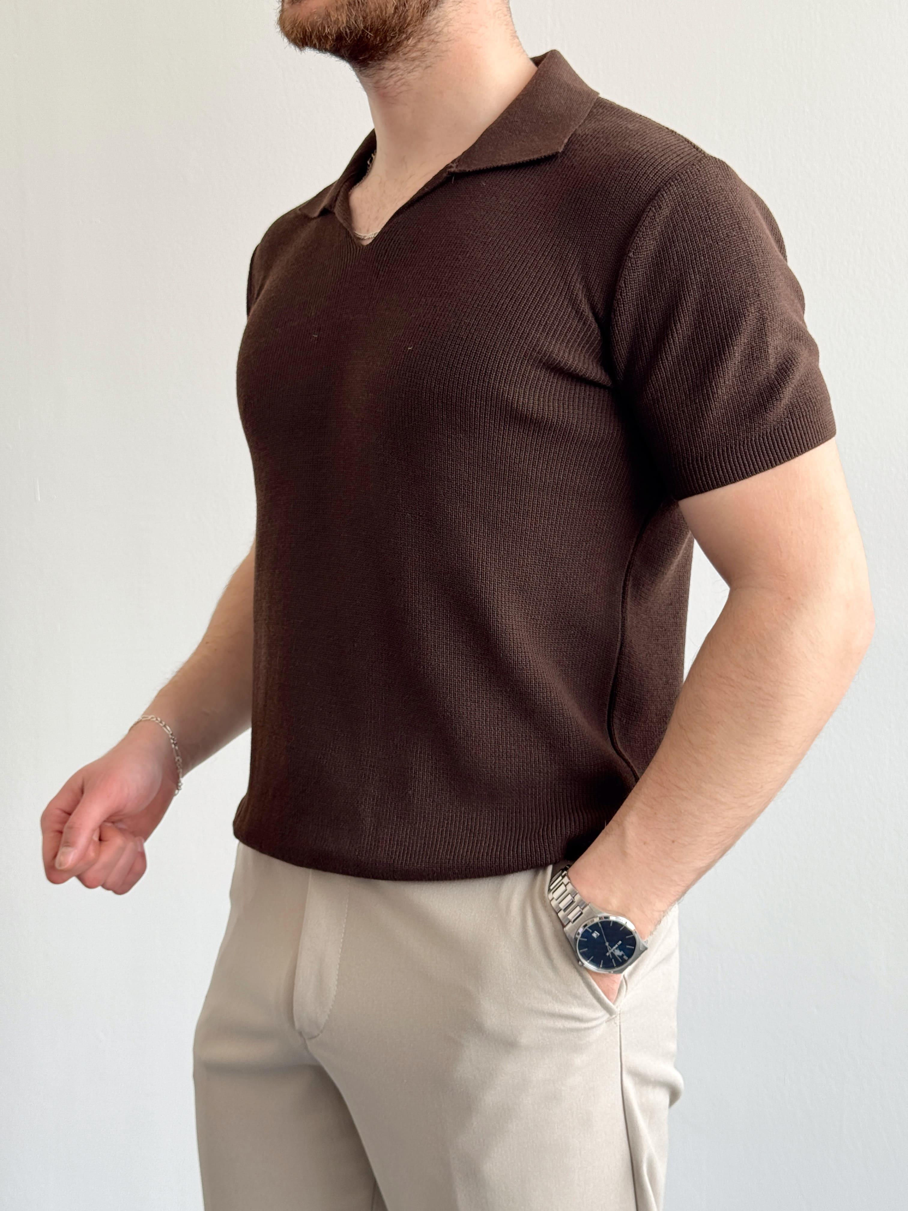 Erkek Premium Kalite Oversize Kalıp V Yaka Triko T-Shirt-Kahverengi(E1358)