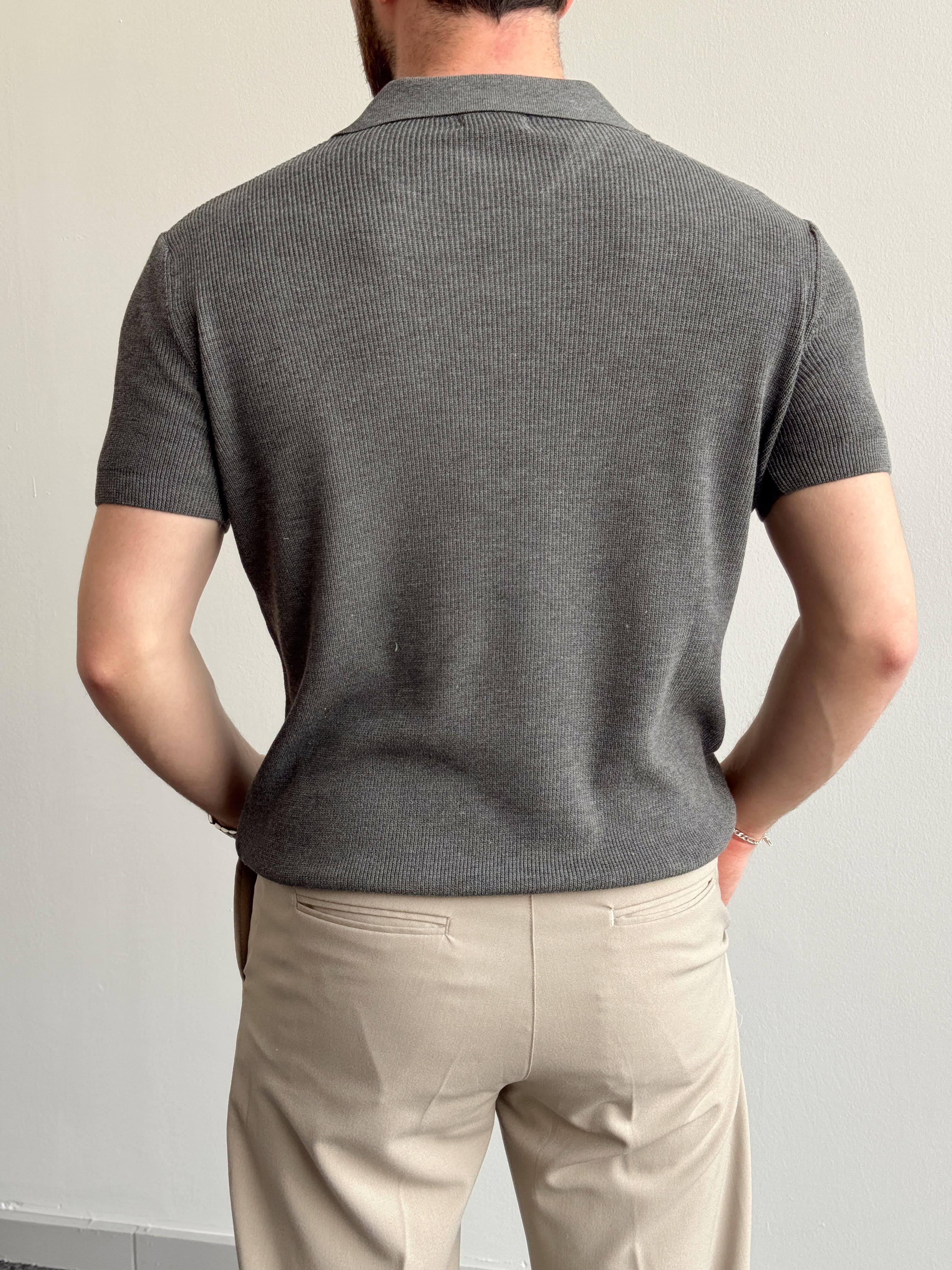 Erkek Premium Kalite Oversize Kalıp V Yaka Triko T-Shirt-Antrasit(E1358)
