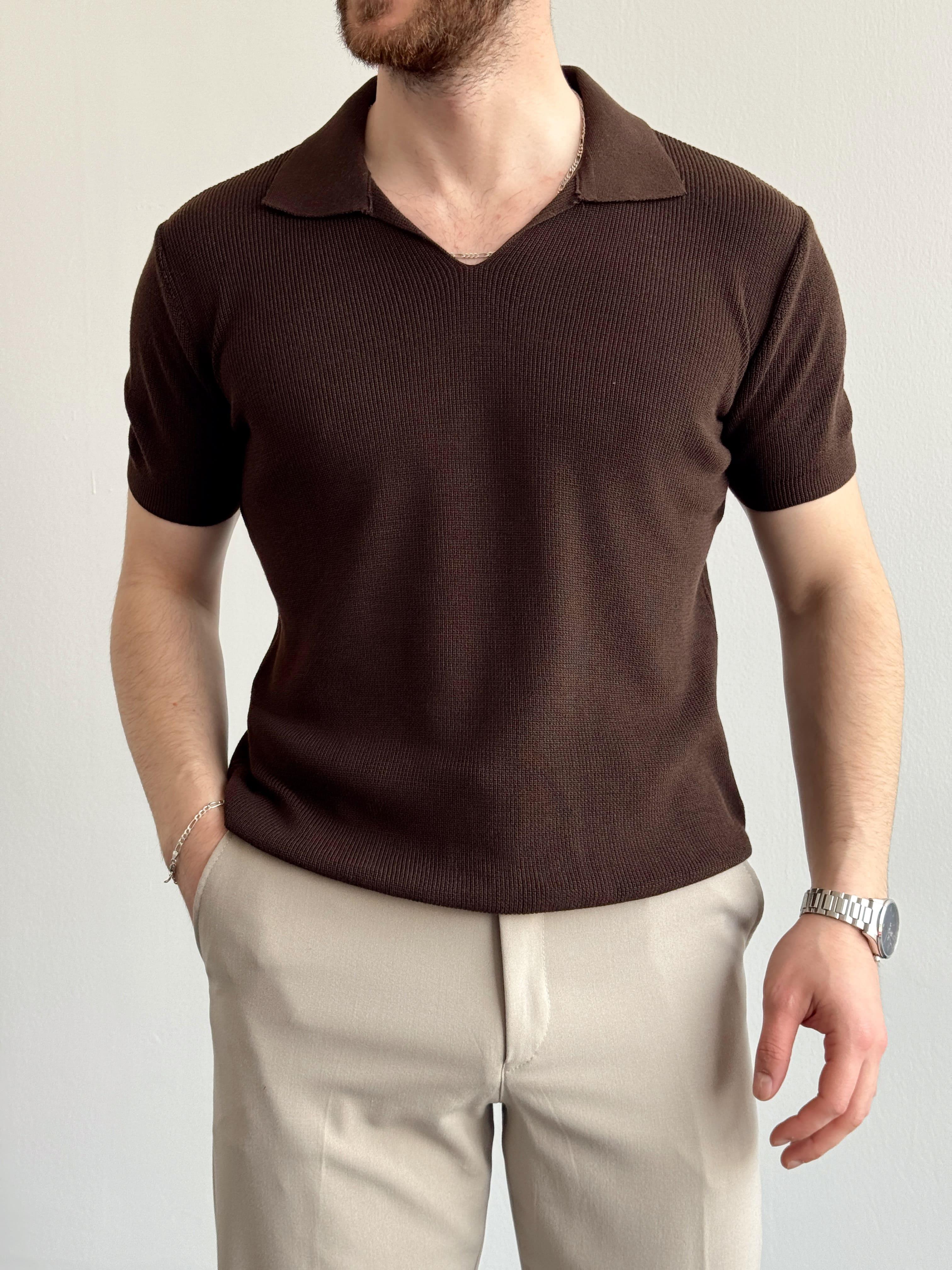Erkek Premium Kalite Oversize Kalıp V Yaka Triko T-Shirt-Kahverengi(E1358)Ketench