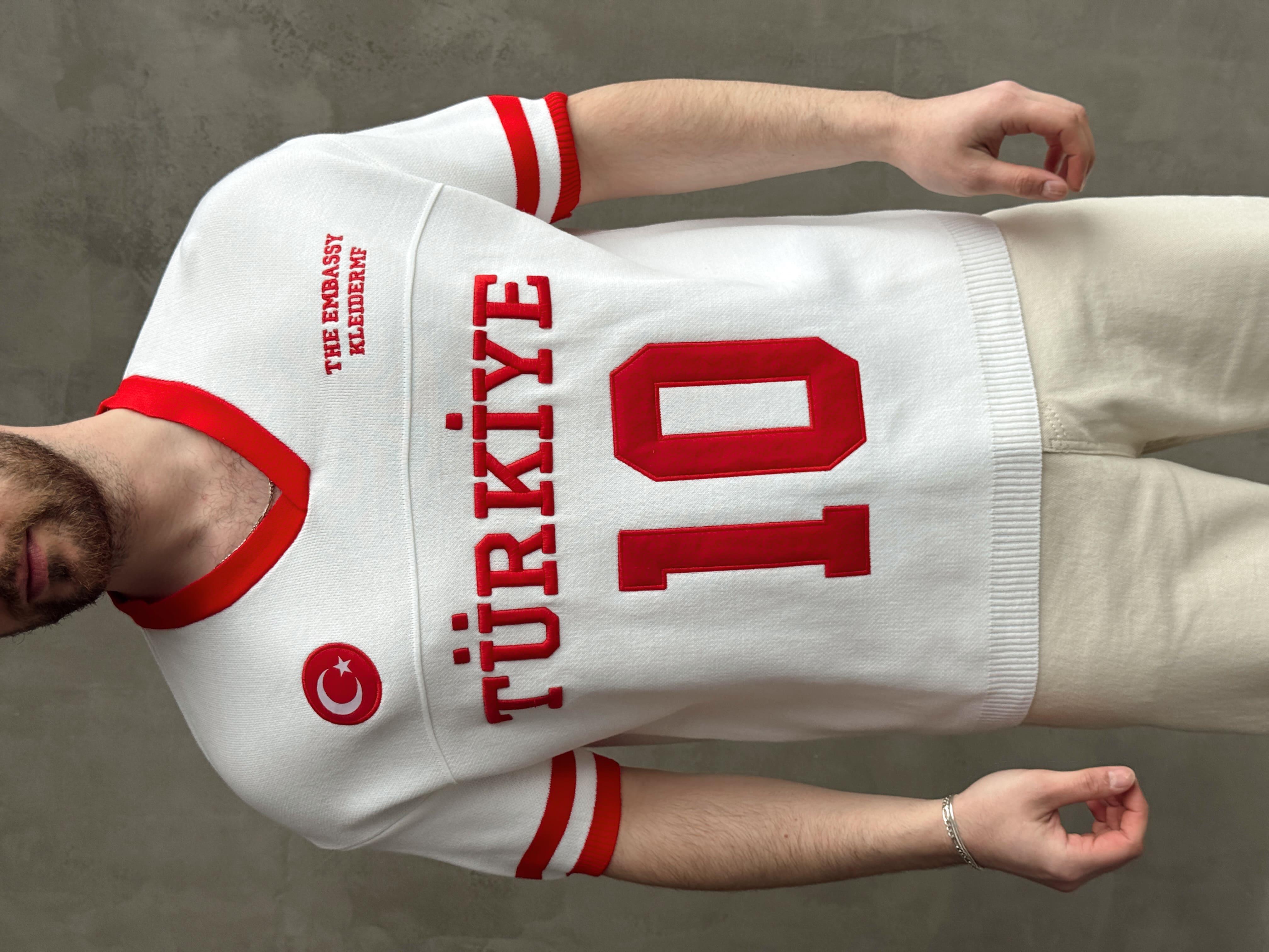 Erkek Premium Kalite Oversize Kalıp V Yaka Türkiye Nakışlı Triko T-Shirt-Beyaz(E1668)