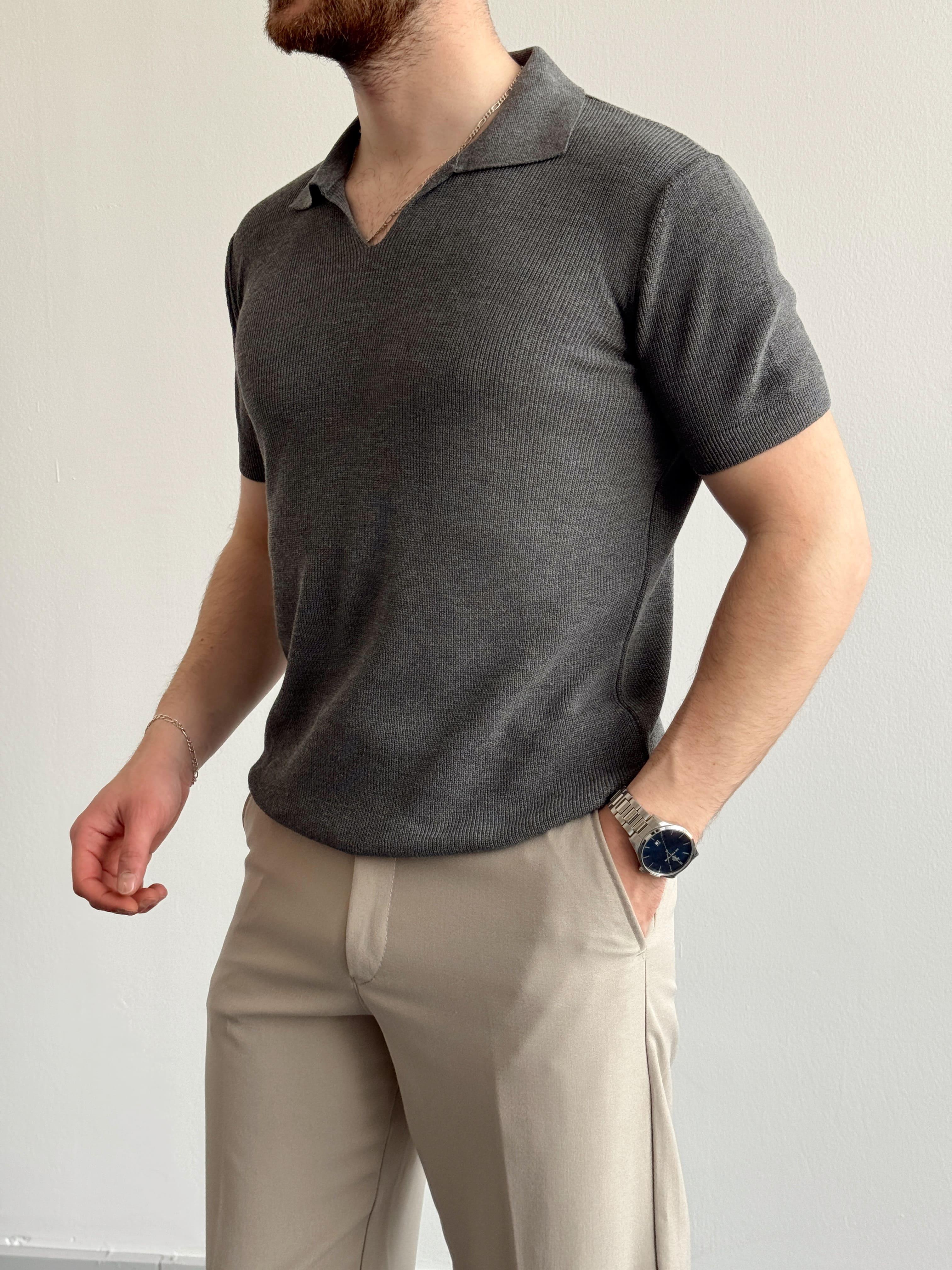 Erkek Premium Kalite Oversize Kalıp V Yaka Triko T-Shirt-Antrasit(E1358)