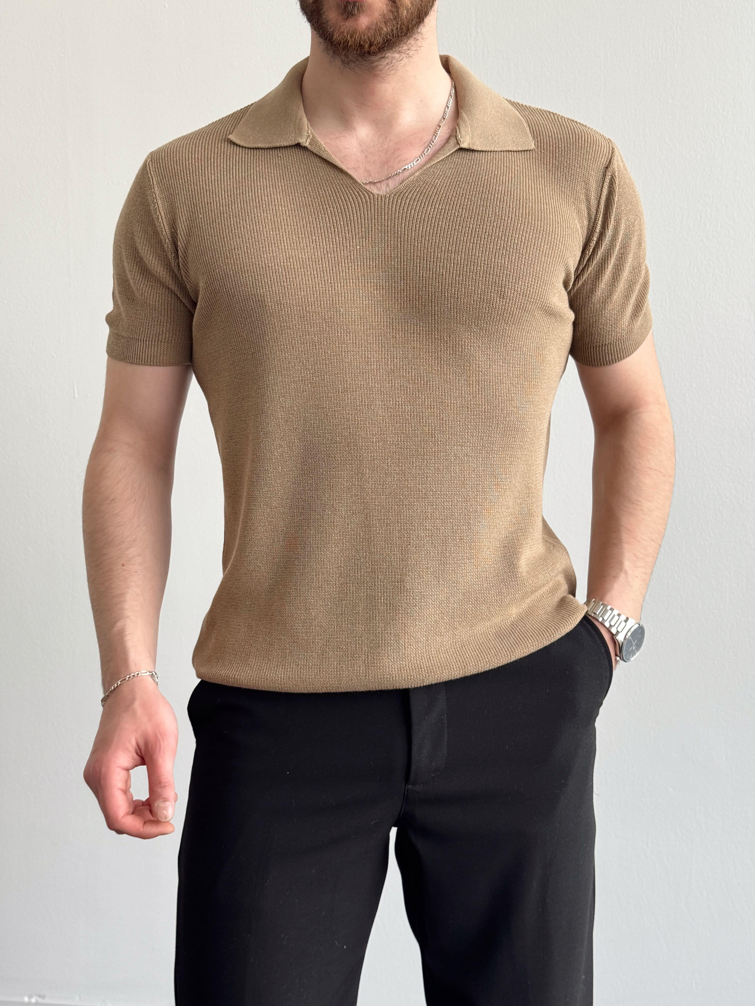 Erkek Premium Kalite Oversize Kalıp V Yaka Triko T-Shirt-Vizon(E1358)