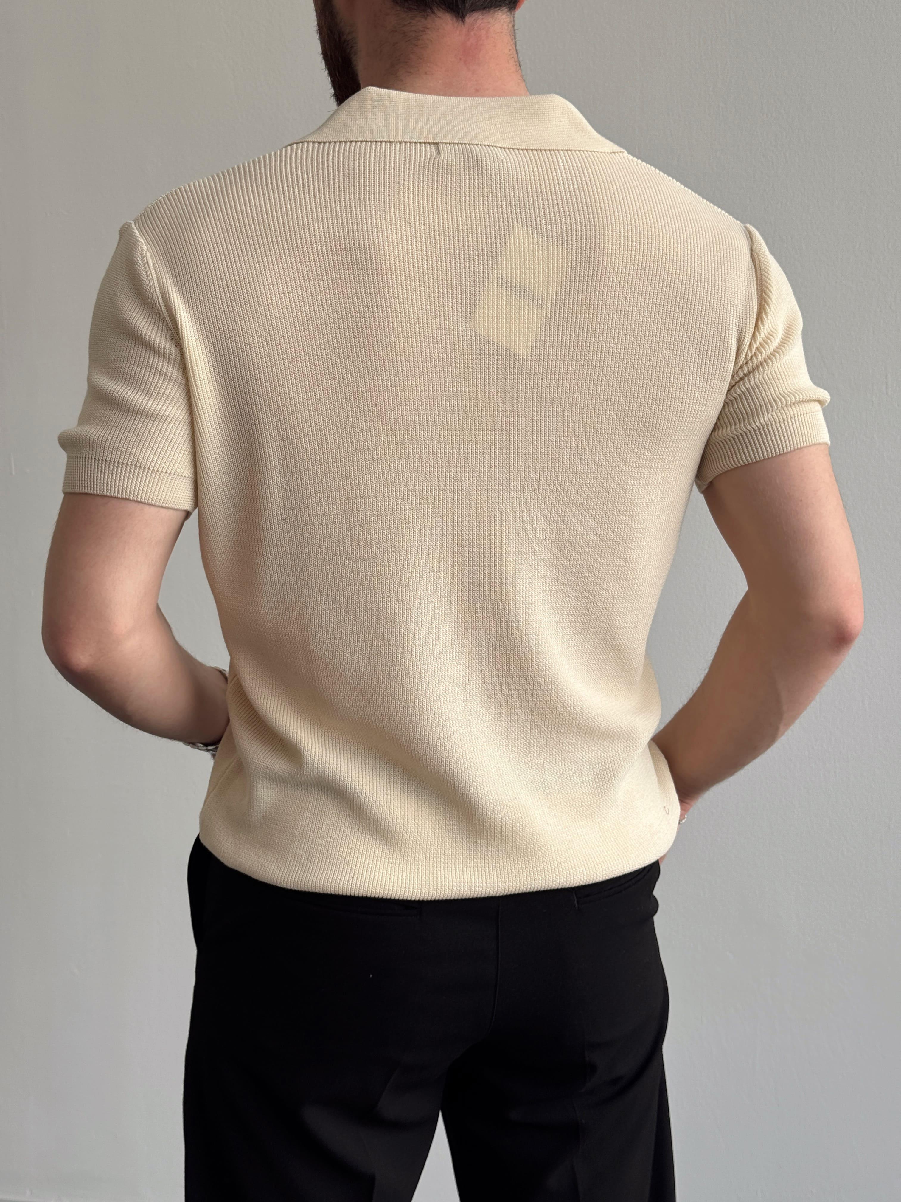 Erkek Premium Kalite Oversize Kalıp V Yaka Triko T-Shirt-Bej(E1358)
