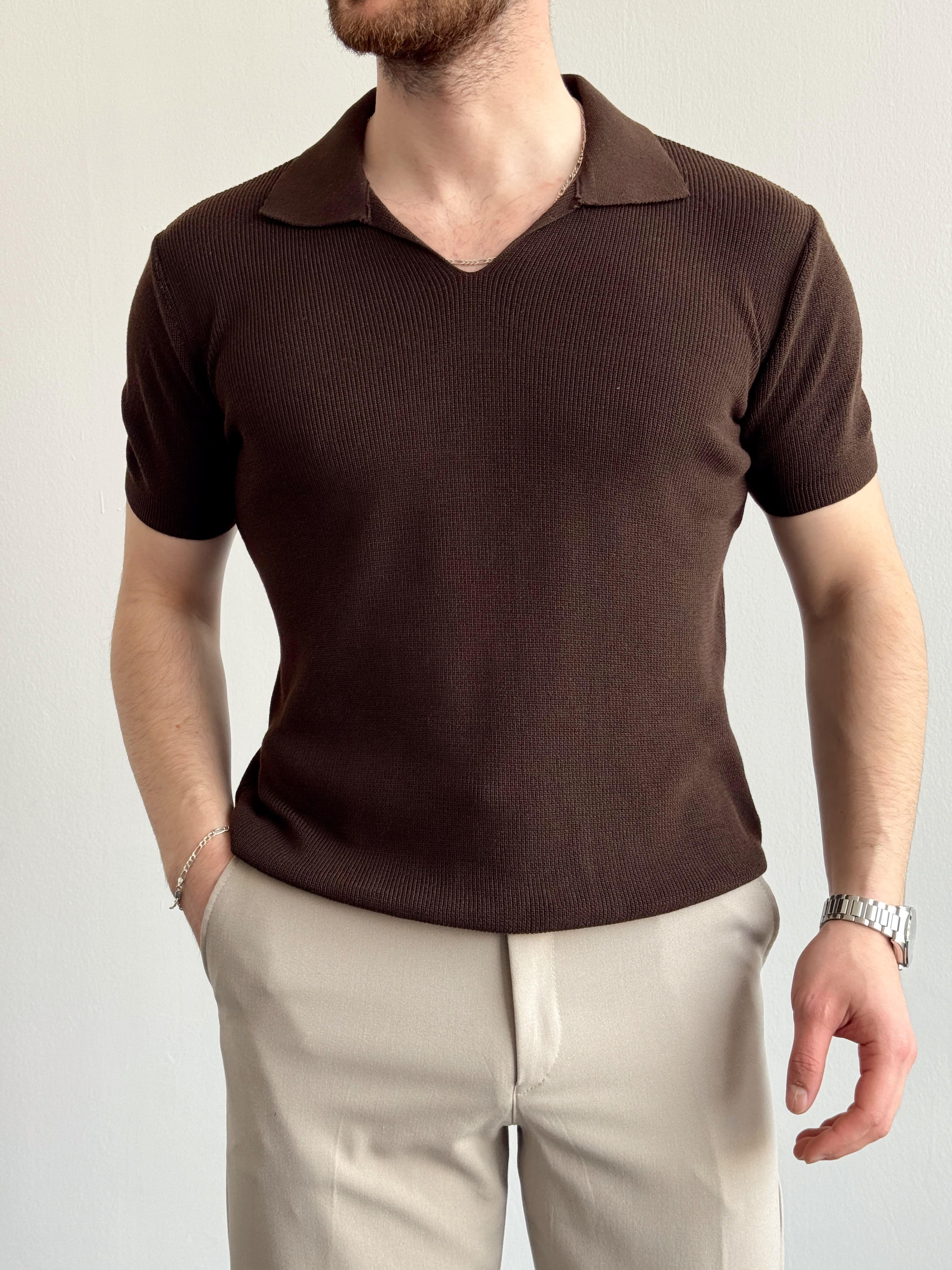 Erkek Premium Kalite Oversize Kalıp V Yaka Triko T-Shirt-Kahverengi(E1358)