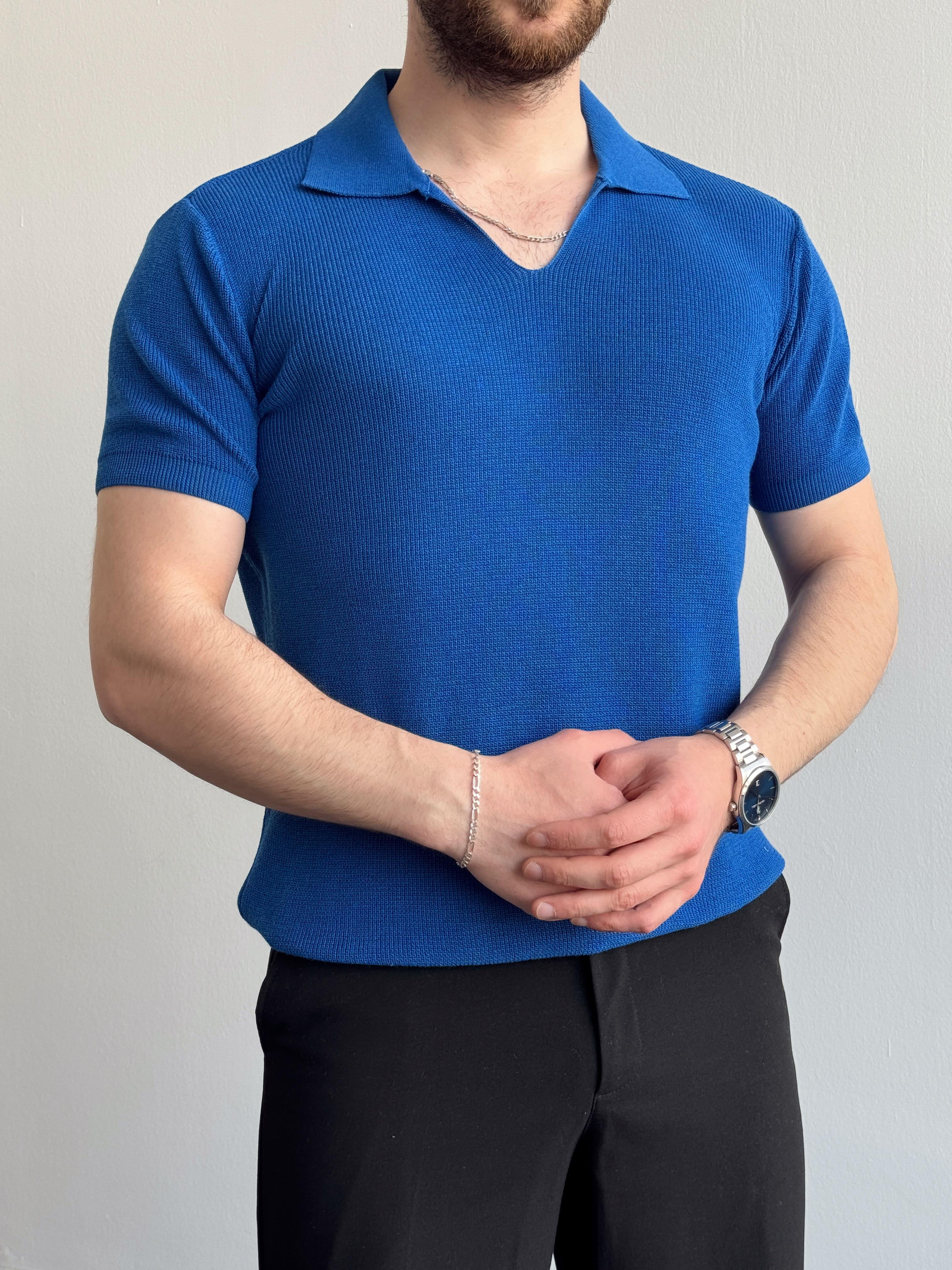 Erkek Premium Kalite Oversize Kalıp V Yaka Triko T-Shirt-Saks(E1358)