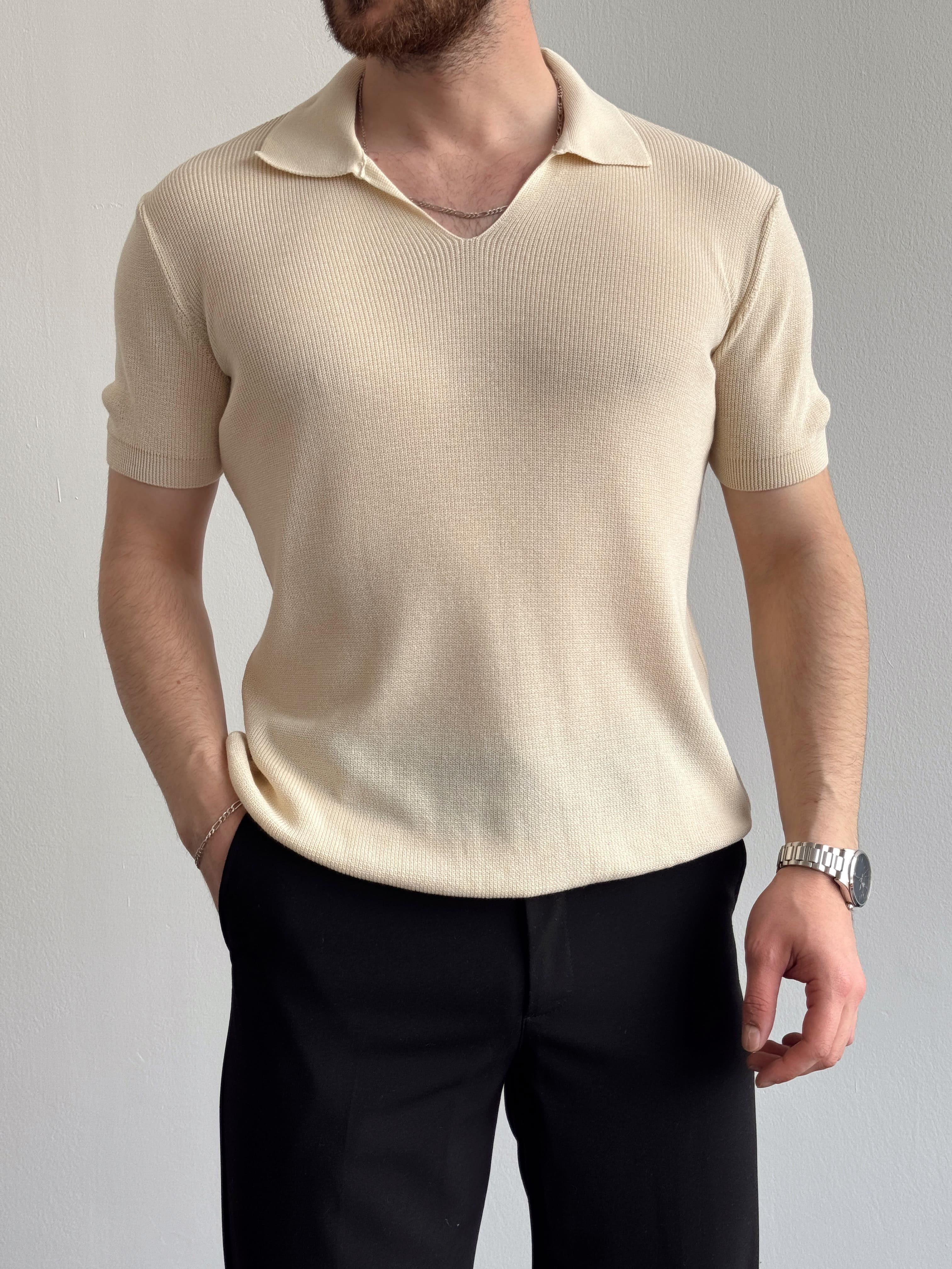 Erkek Premium Kalite Oversize Kalıp V Yaka Triko T-Shirt-Bej(E1358)