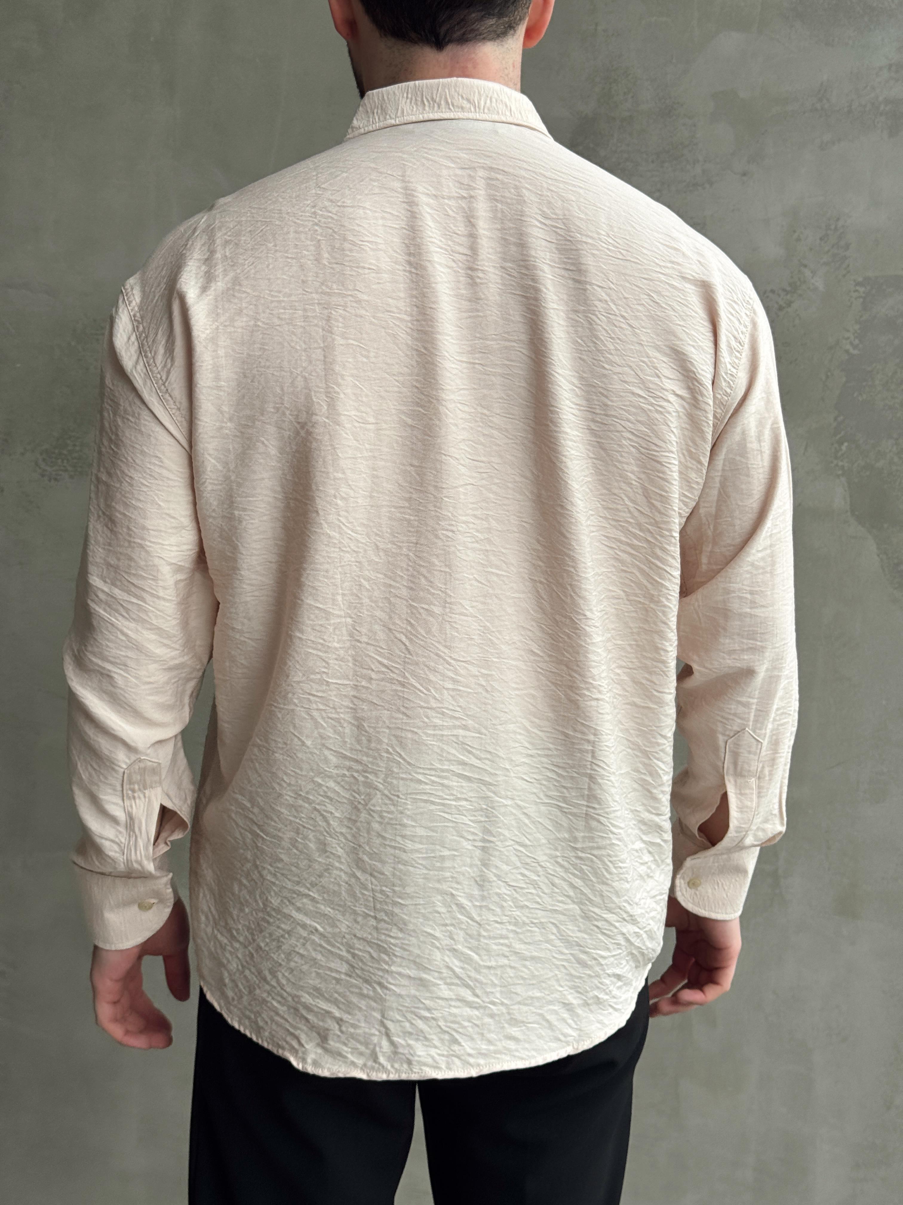 Erkek Premium Kalite Oversize Kalıp Viskon Keten Karışımlı Gömlek-Bej(E1597)