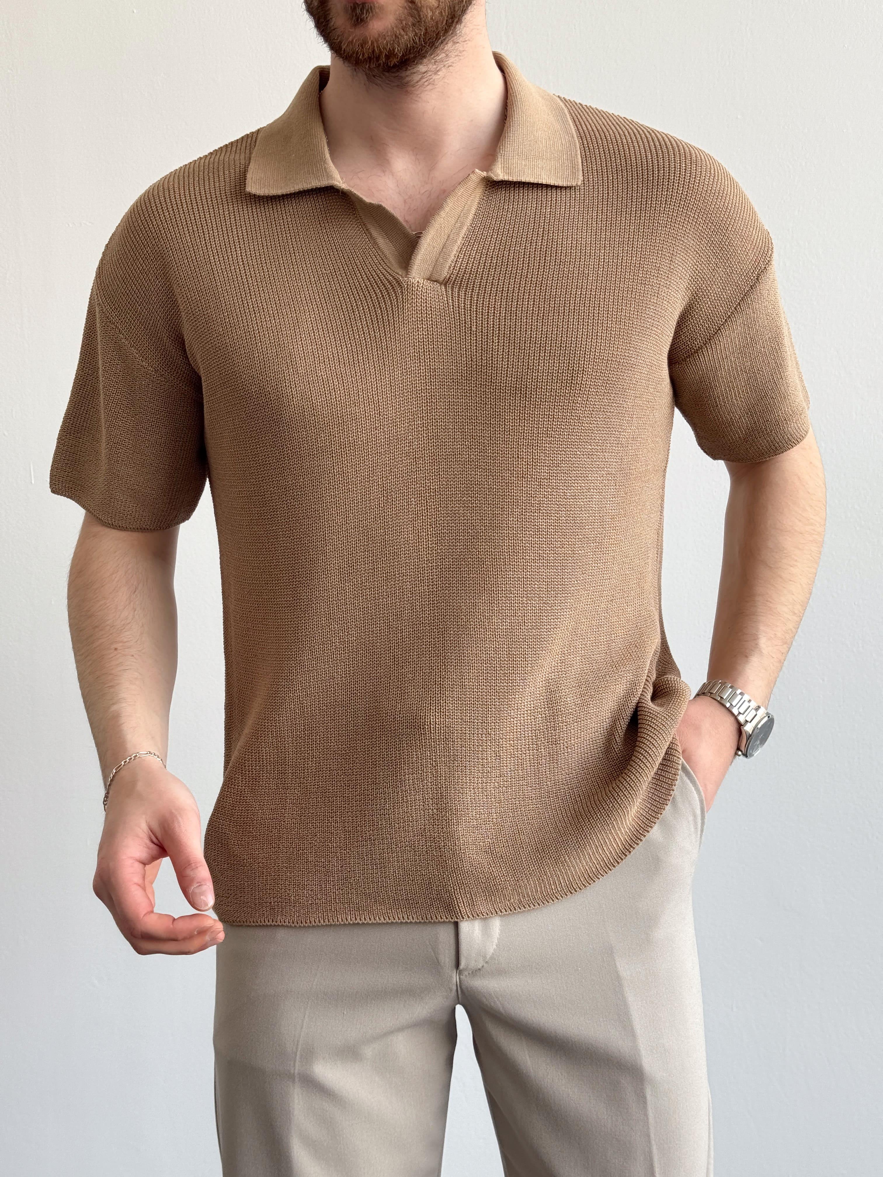 Erkek Premium Kalite Polo Yaka Oversize Kalıp Triko T-Shirt-Toprak(E1357)Ketench