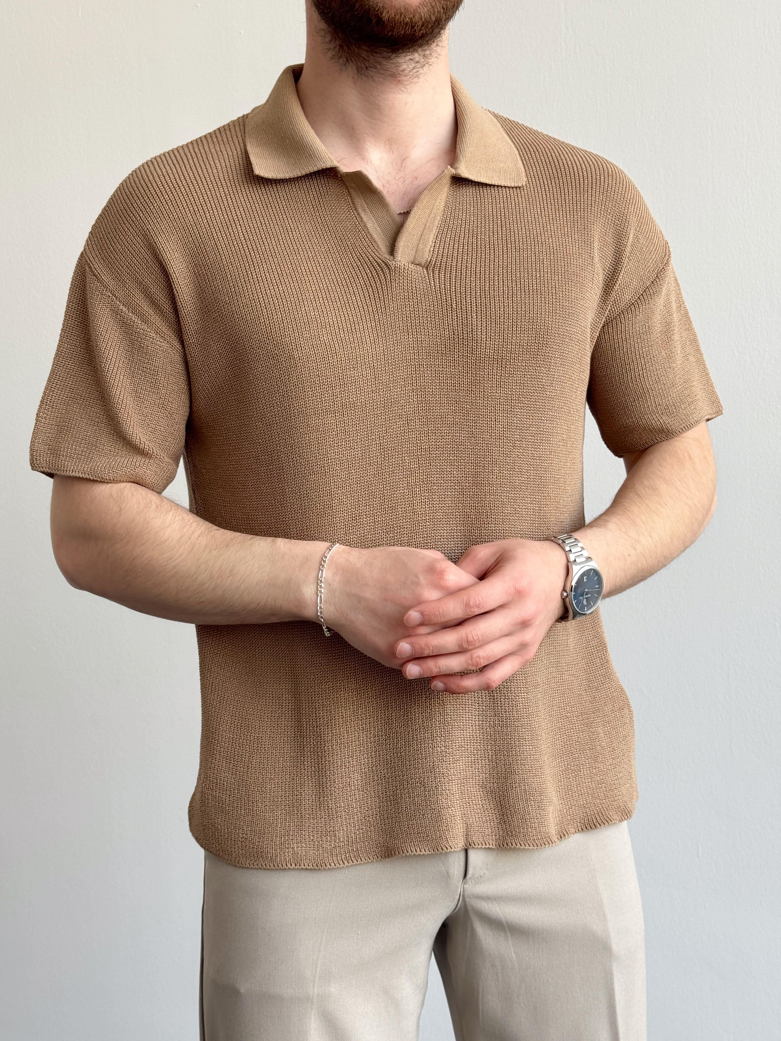 Erkek Premium Kalite Polo Yaka Oversize Kalıp Triko T-Shirt-Toprak(E1357)