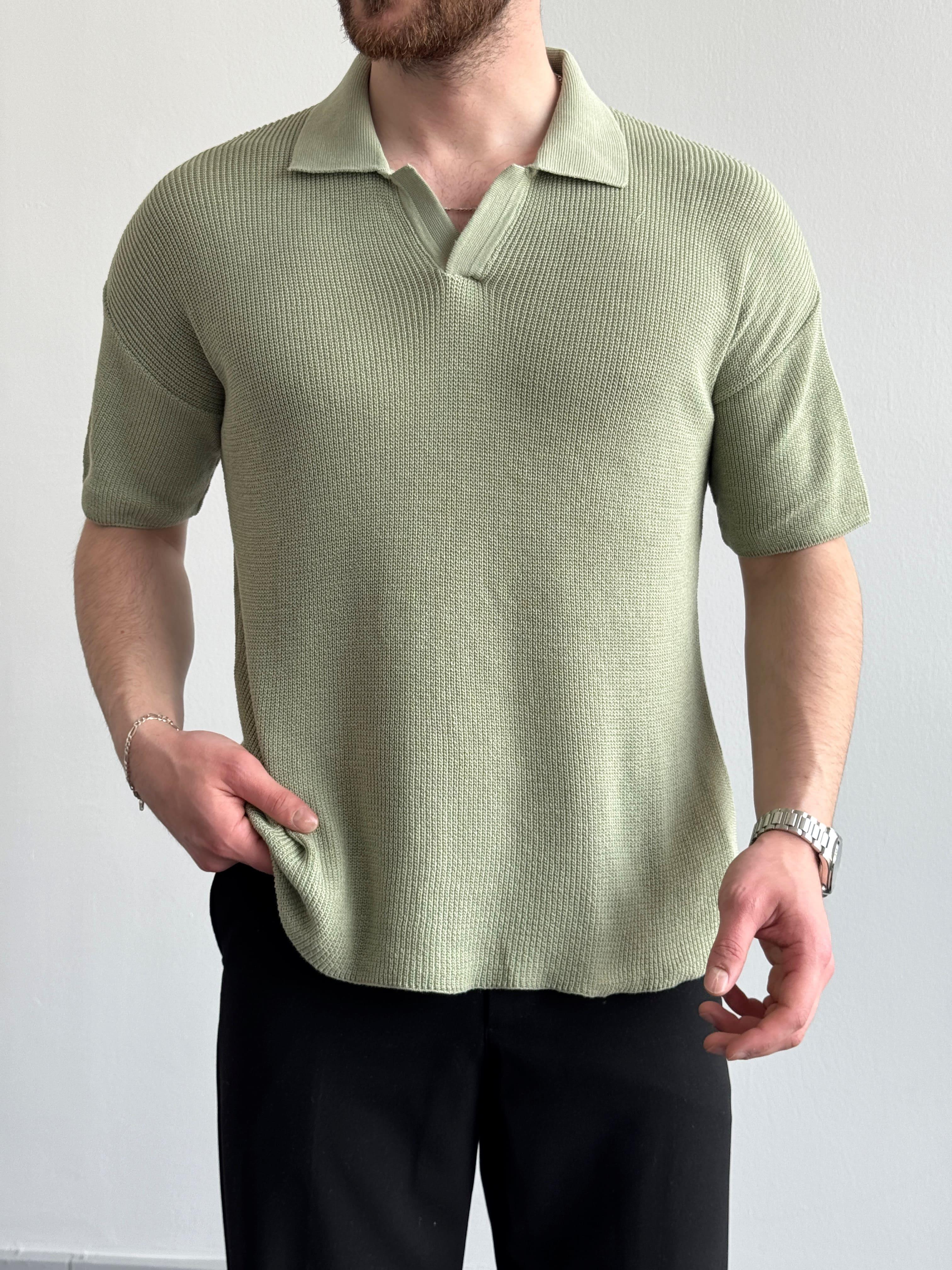 Erkek Premium Kalite Polo Yaka Oversize Kalıp Triko T-Shirt-Mint(E1357)